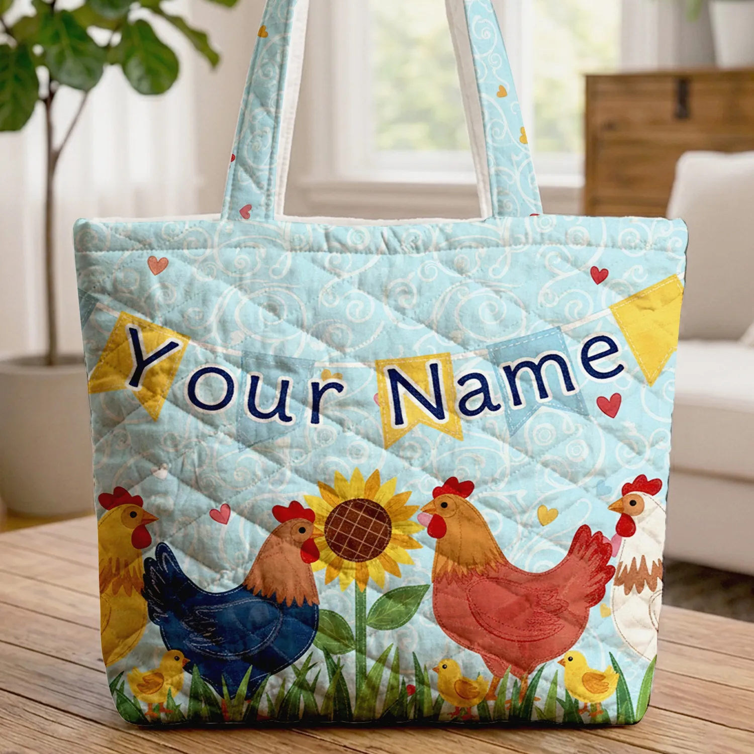 Personalized Chickens Sunflowers Hearts - Everyday Carry Chicken Lover Gift Quilted Tote Bag - 1