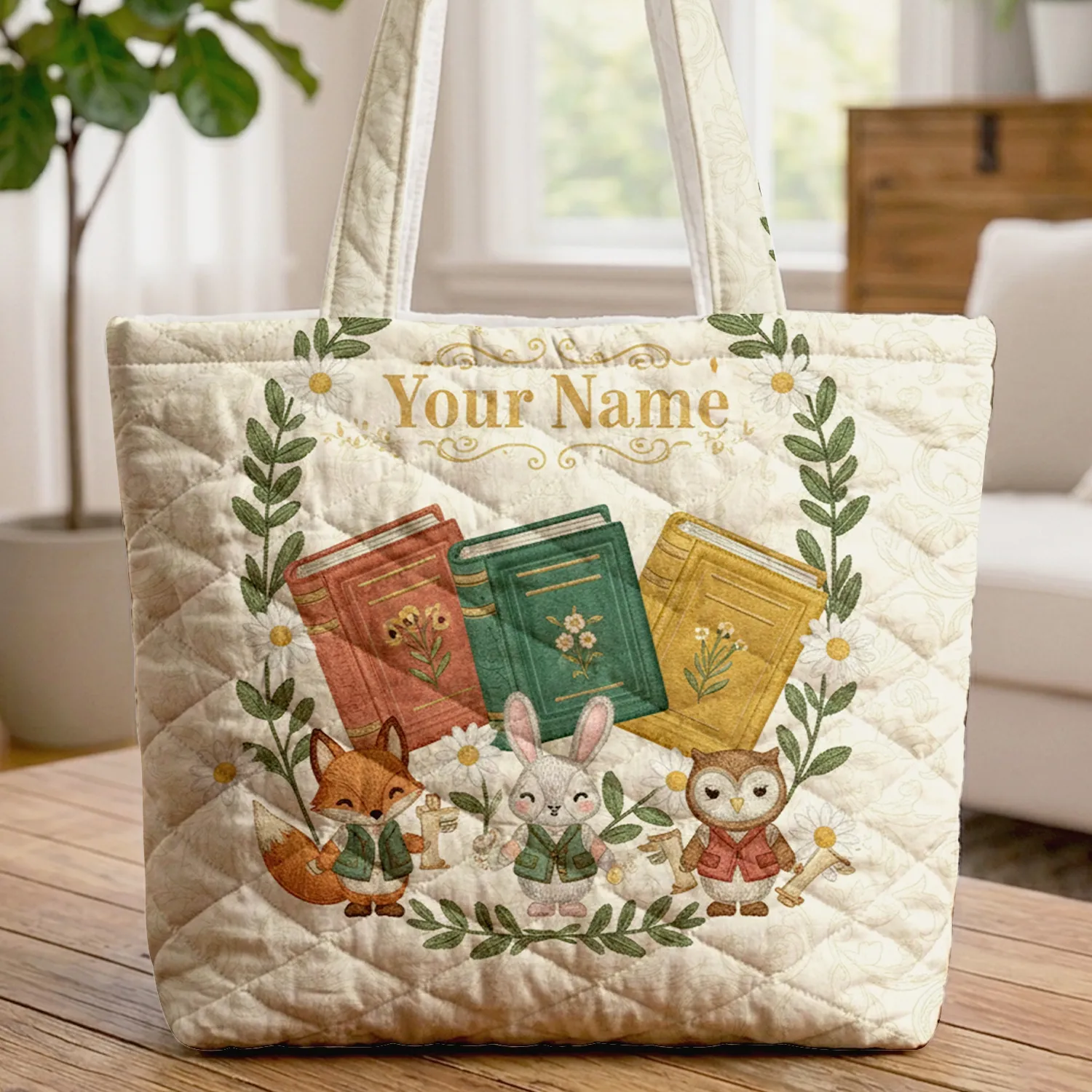 Your Name Floral Wreath Literary Books Wildflowers - Book Lover Everyday Carry Gift Quilted Tote Bag - 1