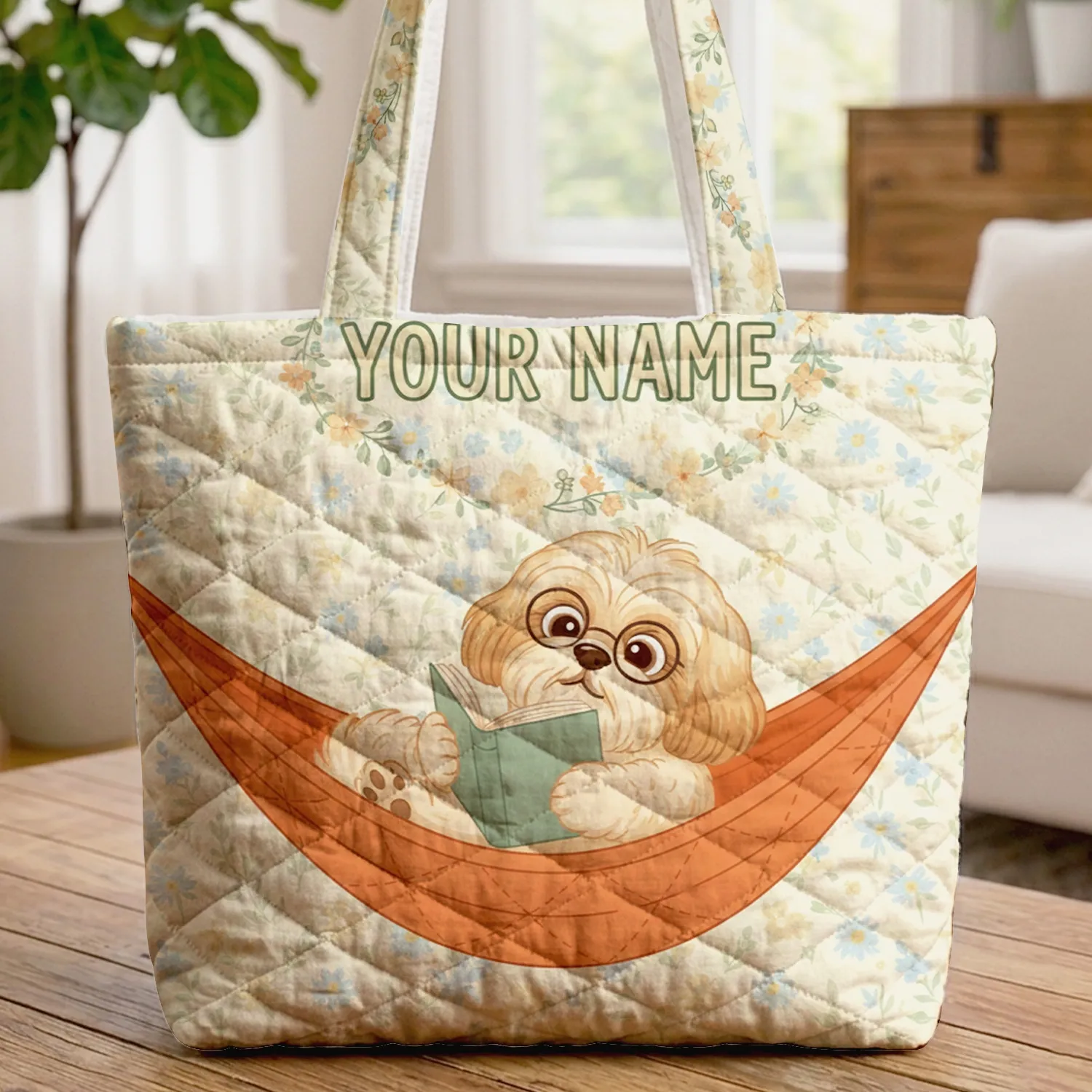Shih Tzu Dog Reading Book Hammock Wildflowers - Dog Lover Gift Quilted Tote Bag - 1