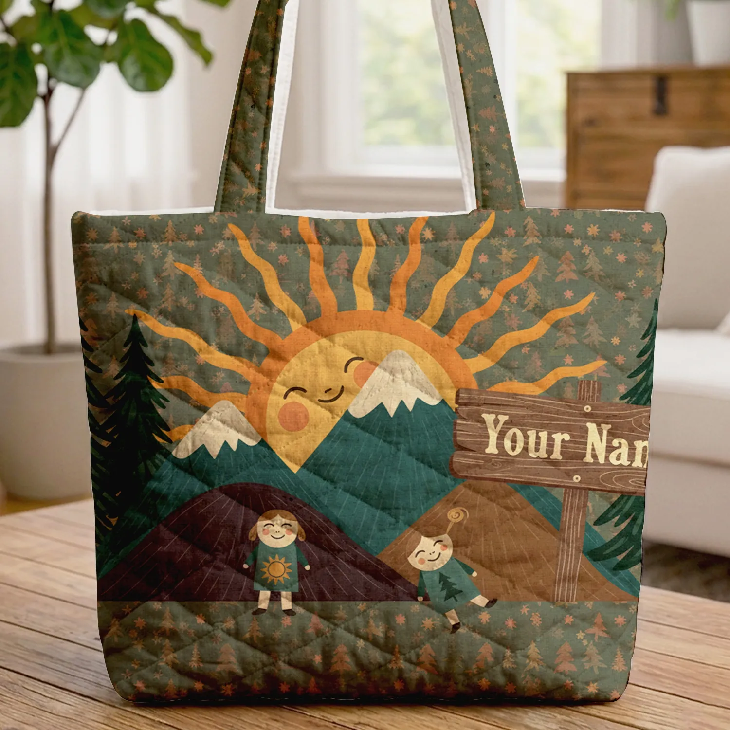 Mountain Sunset Pine Trees Western Wood Sign - Everyday Travel Adventure Gift Quilted Tote Bag - 1