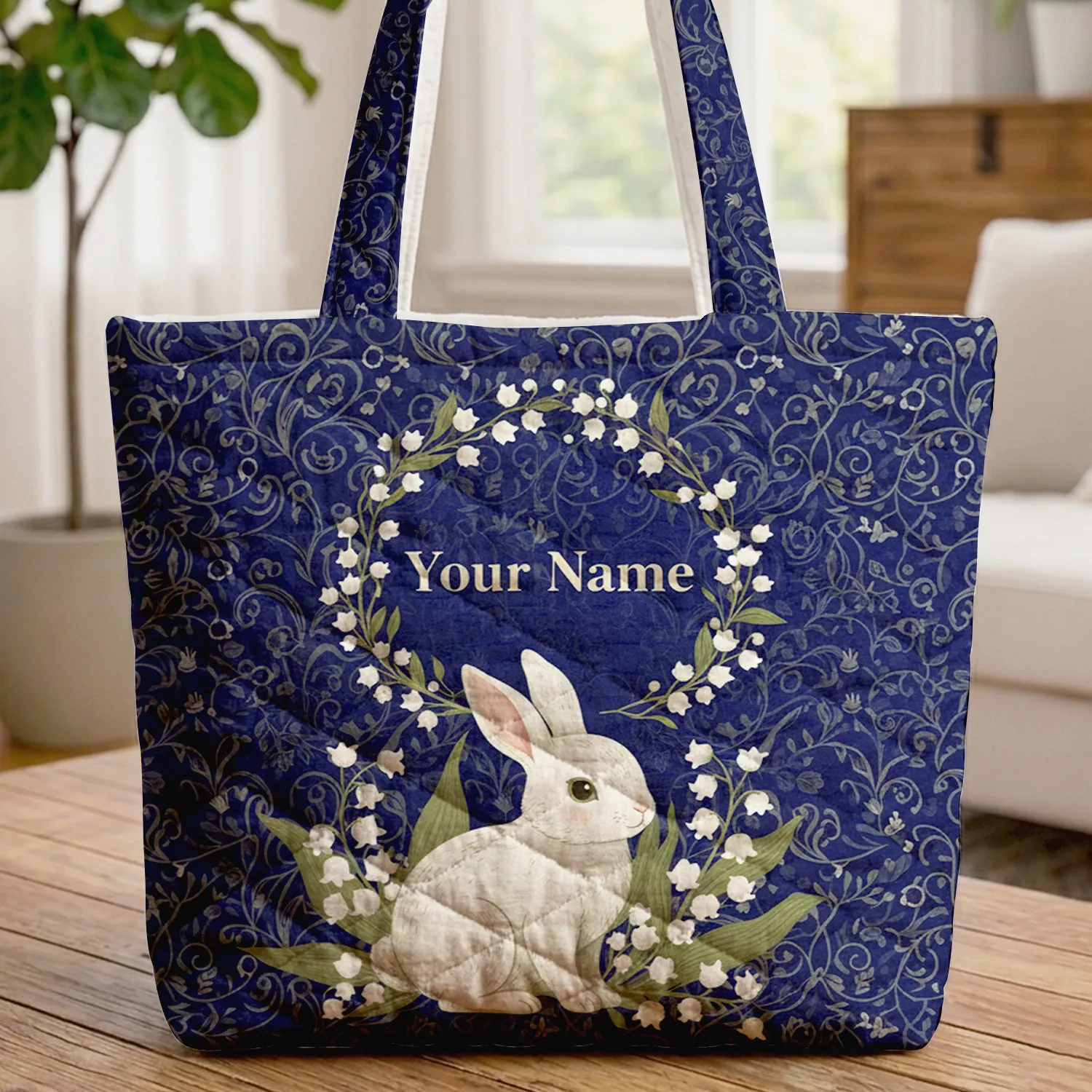 Bunny Lily-of-the-Valley Botanical Wreath Foliage Wildlife Lover Gift Quilted Tote Bag - 1