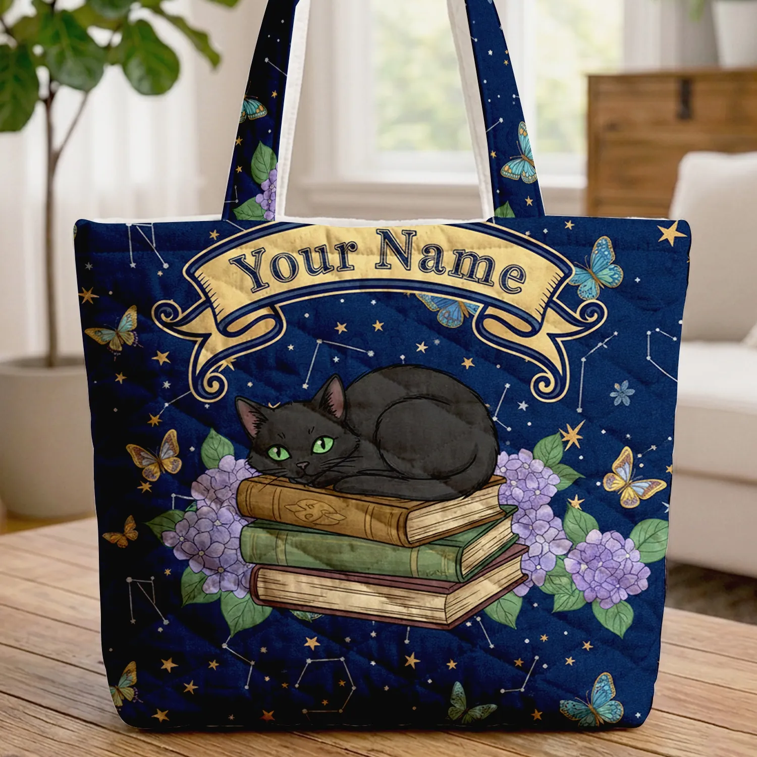 Black Cat Antique Books Hydrangea Night Sky Stars - Cat Lover Gift for Book Lover Quilted Tote Bag - 1