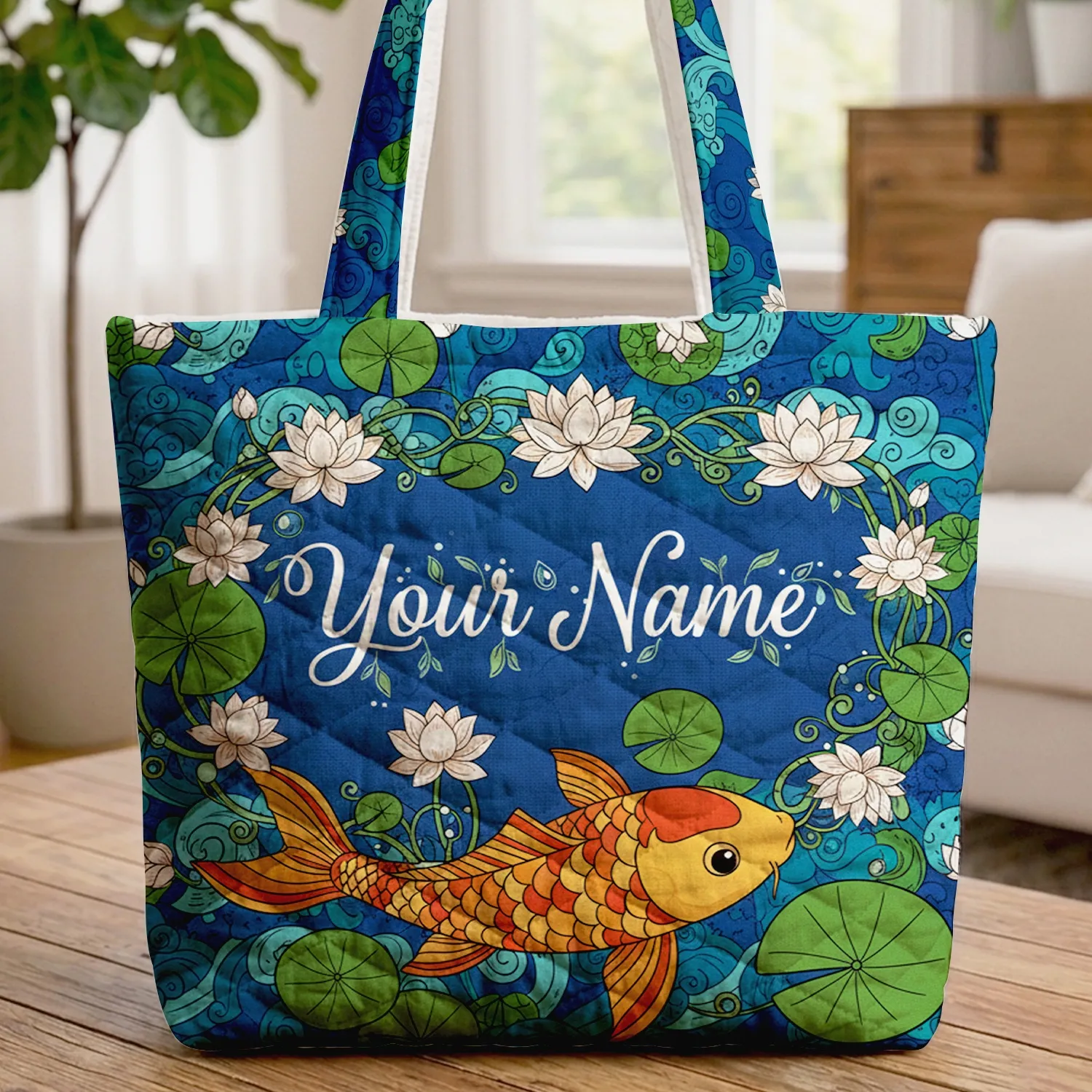 Koi Fish Water Lilies Swirling Water Your Name Garland Accents - Everyday Wildlife Lover Gift Quilted Tote Bag - 1