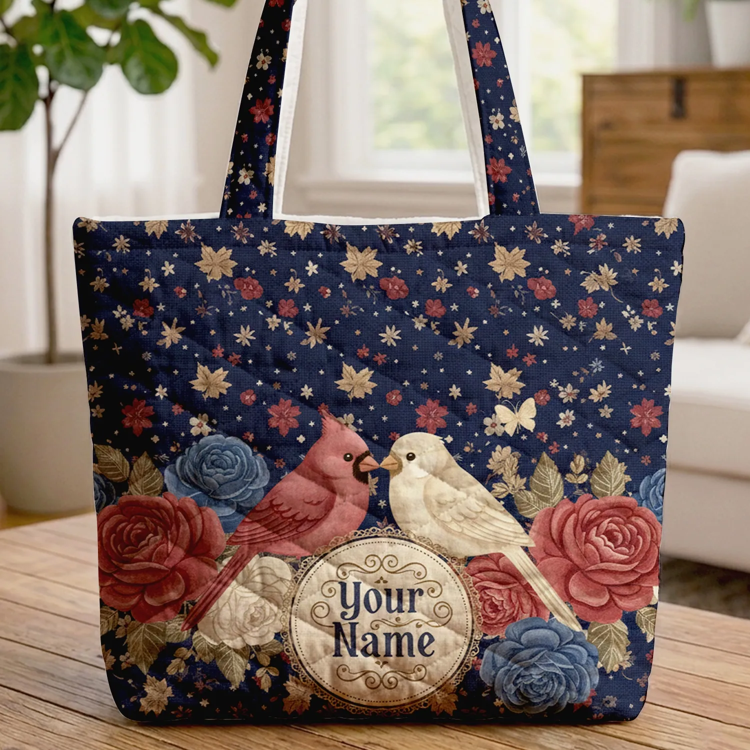 Personalized Nuzzling Cardinal Finch Birds Roses Maple Leaves - Home Decor Gift Quilted Tote Bag - 1