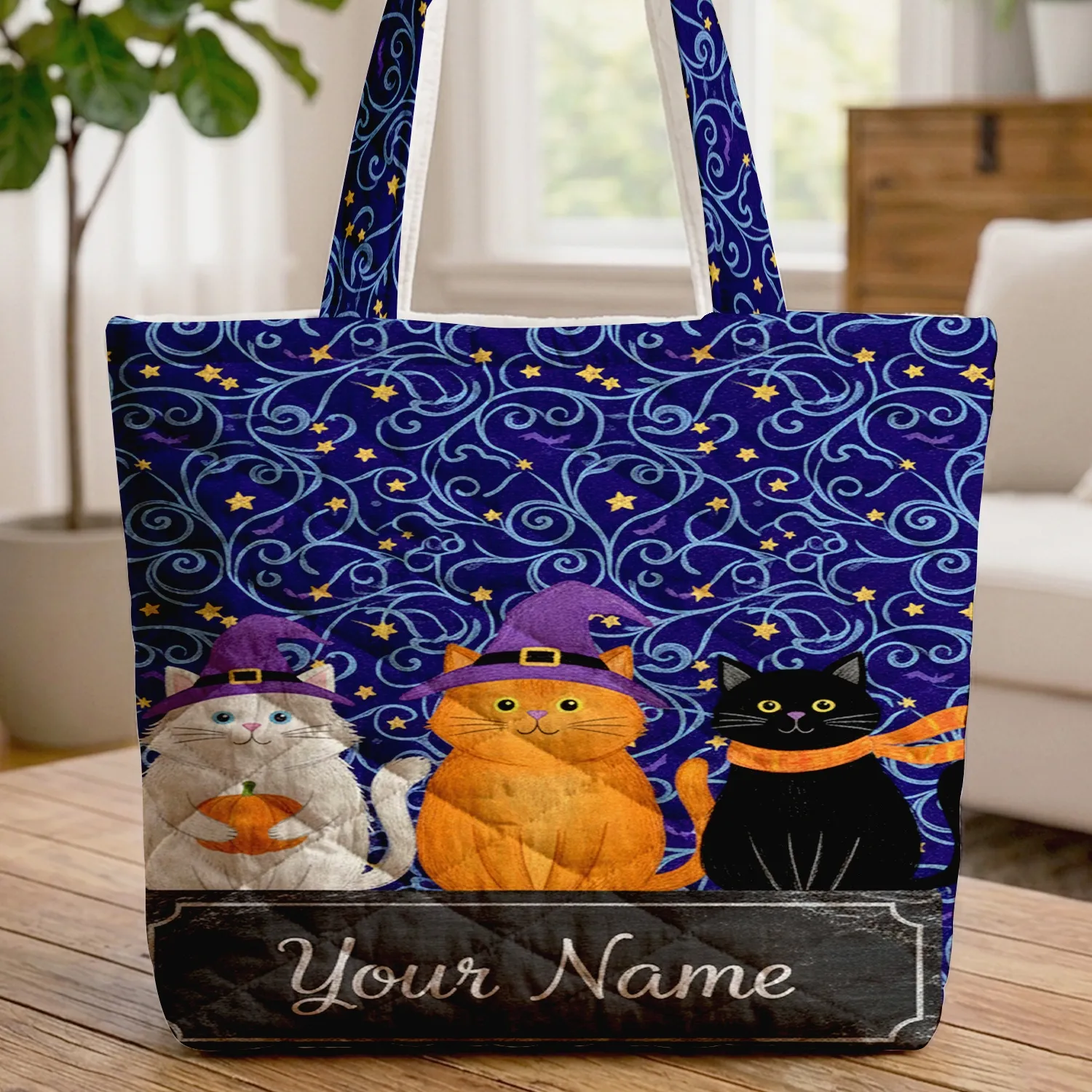 Three Halloween Cats Night Sky Personalized Name - Spooky Season Gift for Cat Lover Quilted Tote Bag - 1