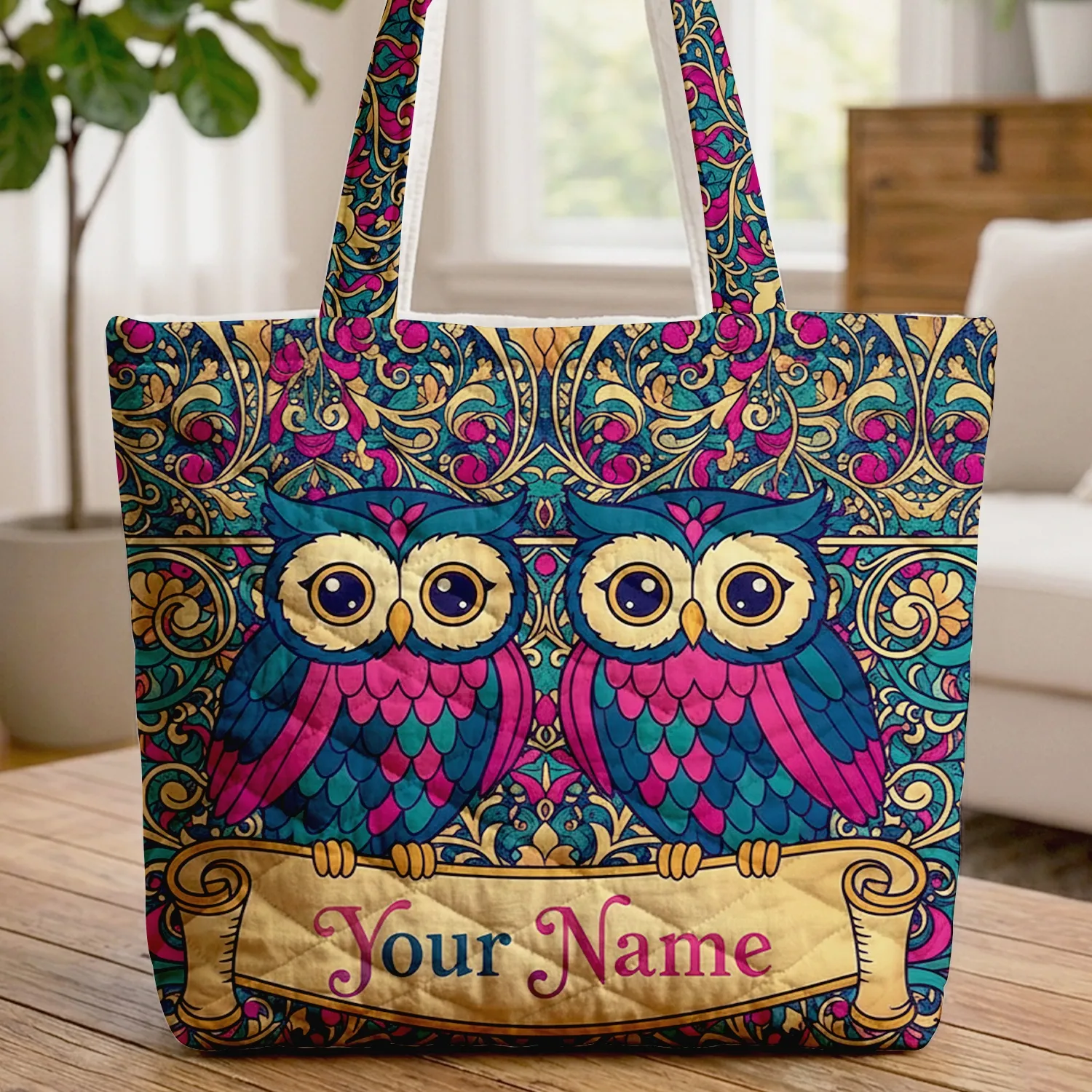 Two Owls Botanical Floral Personalized Name Scroll - Everyday Wildlife Lover Home Decor Gift Quilted Tote Bag - 1