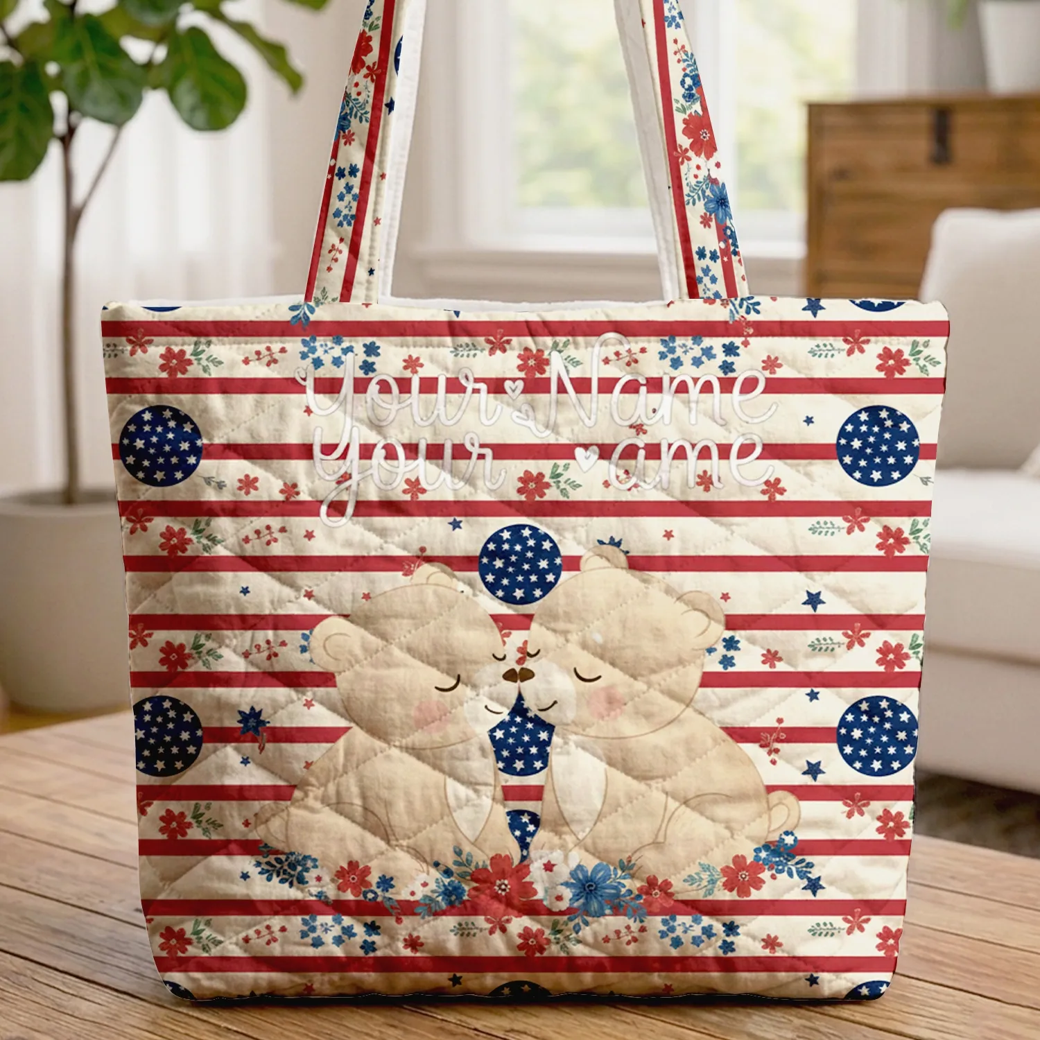 Nuzzling Bear Cubs Wildflower Stars - Patriotic Home Decor Gift for Wildlife Lover Quilted Tote Bag - 1