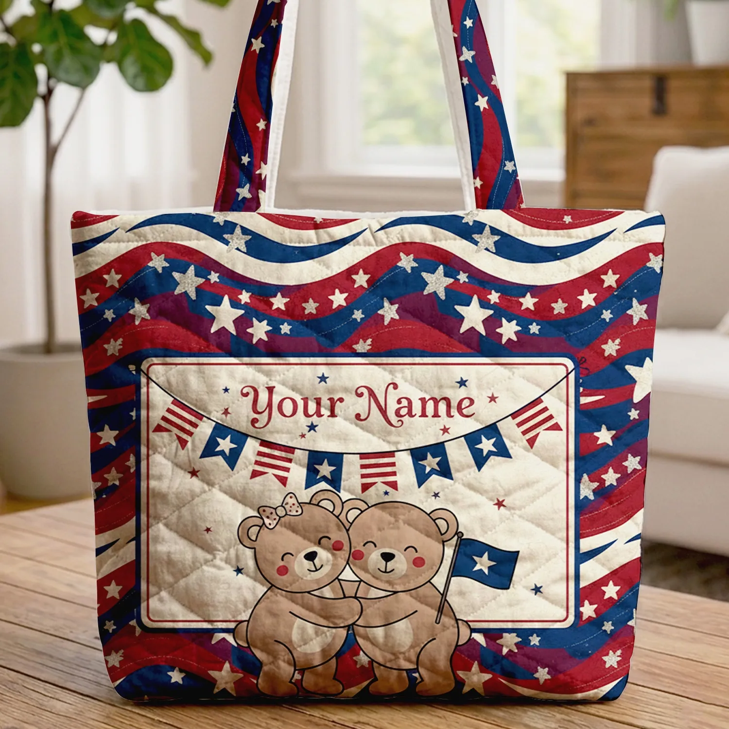 Hugging Bears Star Stripe Bunting Red Bow Blue Flag Patriotic Lifestyle Gift Quilted Tote Bag - 1