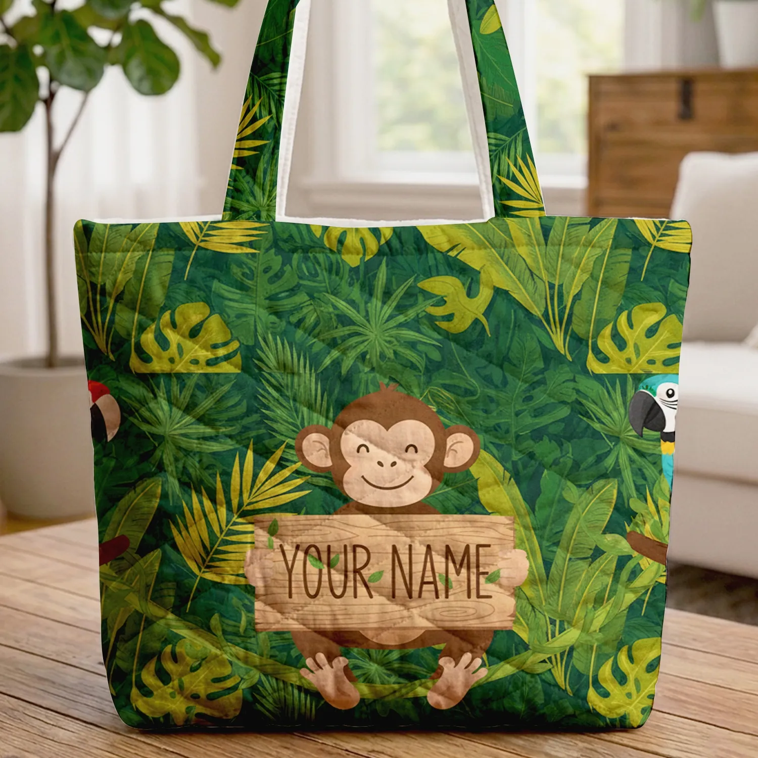 Tropical Monkey Macaw Your Name Sign Jungle Foliage - Jungle Travel Gear Quilted Tote Bag - 1