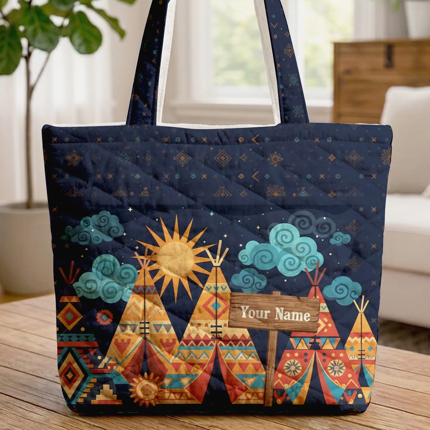 Personalized Teepee Village Rustic Name Sign Tribal Stars Home Decor Gift Quilted Tote Bag - 1
