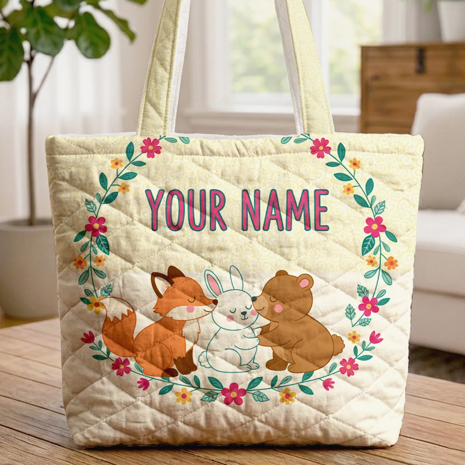 Woodland Fox Bunny Bear Wildflower Name Wreath - Everyday Tote Friend Gift Quilted Tote Bag - 1