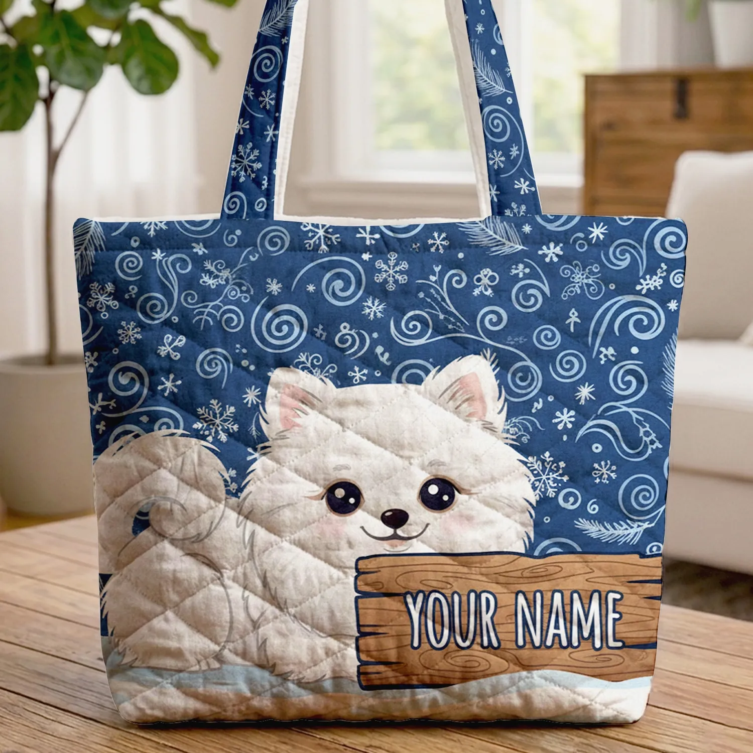 Fluffy White Pomeranian Dog Snowy Landscape Swirling Snowdrifts Winter Dog Lover Gift Quilted Tote Bag - 1