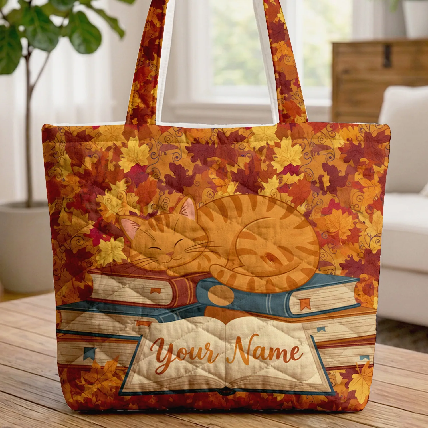 Sleeping Orange Tabby Cat Books Autumn - Personalized Reader Gift Quilted Tote Bag - 1