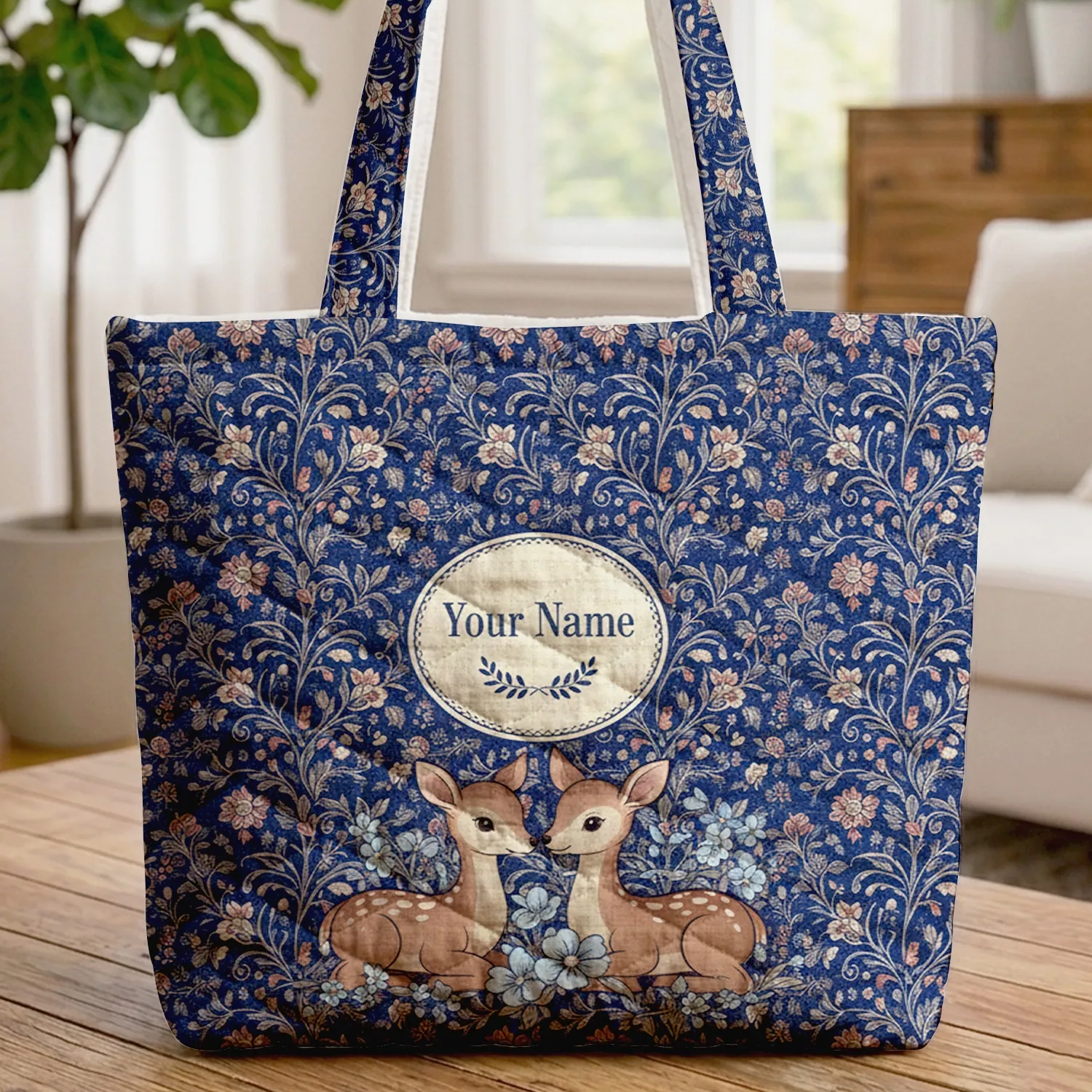 Nuzzling Deer Wildflowers Toile Vines Laurel Sprig - Everyday Tote Wildlife Lover Gift Quilted Tote Bag - 1