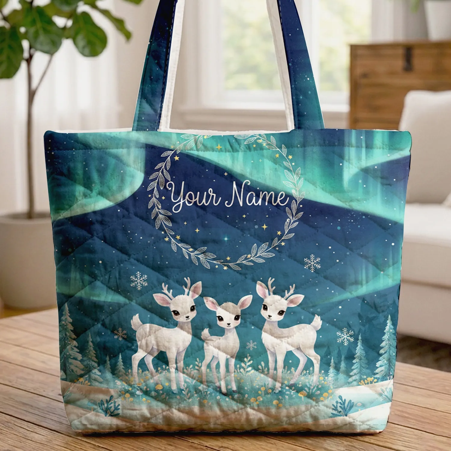 Aurora Borealis Winter Forest White Deer Wreath Name - Wildlife Lover Gift Quilted Tote Bag - 1