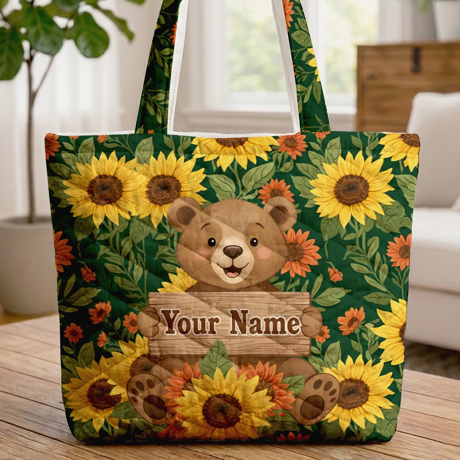 Happy Brown Bear Cub Golden Sunflowers Dahlia Rustic Sign - Nature Lover Home Decor Gift Quilted Tote Bag - 1