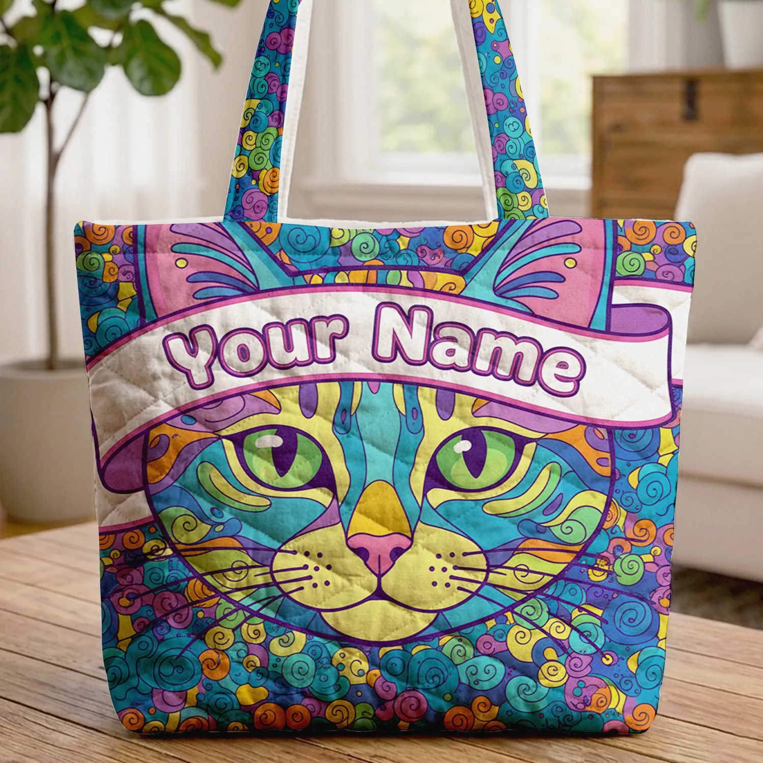Swirling Color Blocks Cat Face Ribbon Spiral Dot - Everyday Tote Cat Lover Gift Quilted Tote Bag - 1