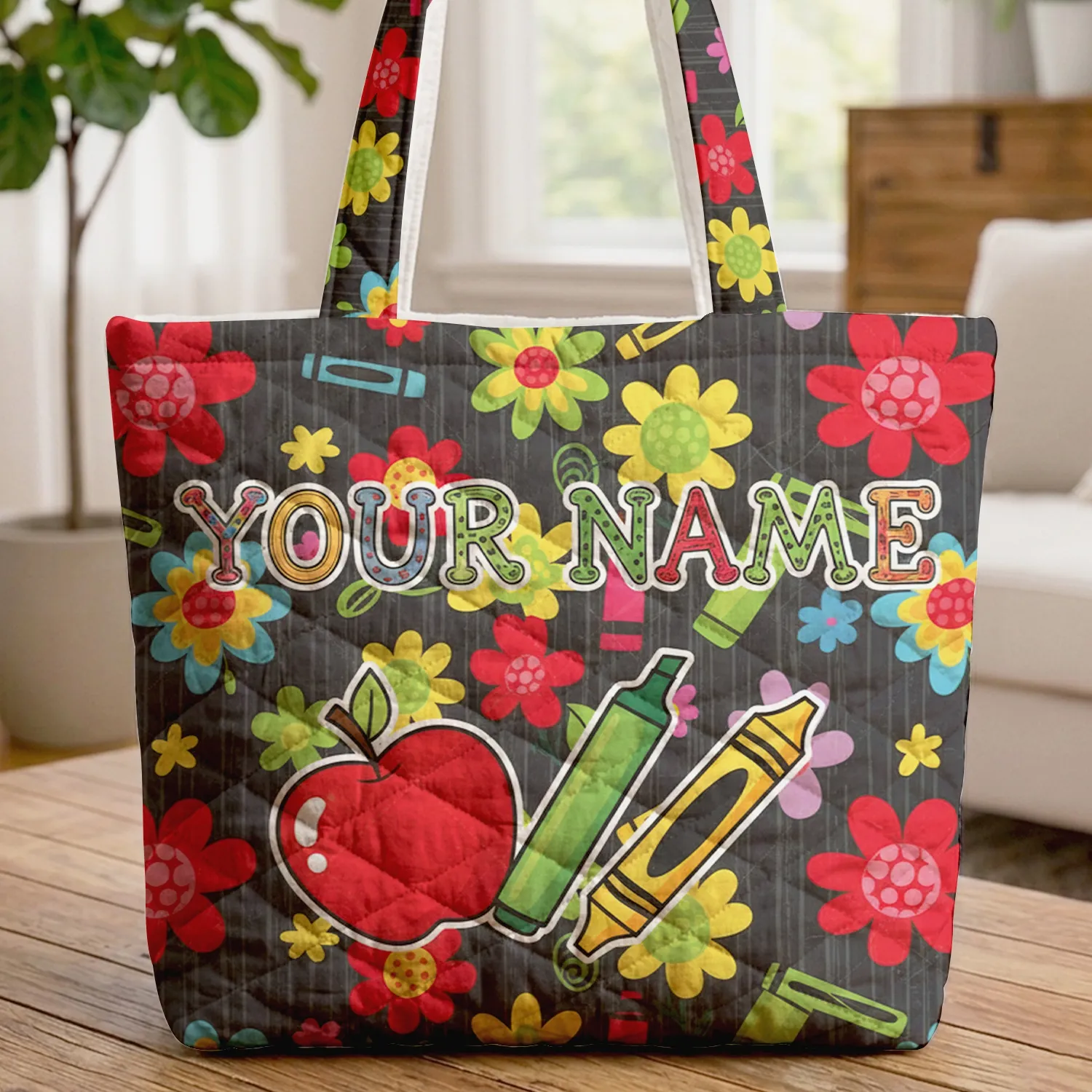 Your Name Apple Marker Crayon Flowers - Everyday Student Gift Quilted Tote Bag - 1