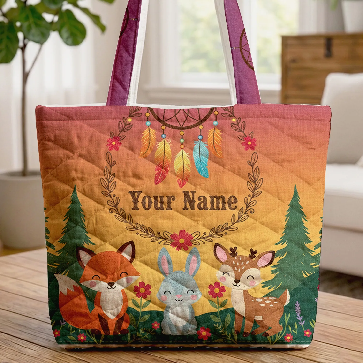 Dreamcatcher Pine Tree Wildflower Personalized Name Sunset - Nature Lover Gift Quilted Tote Bag - 1