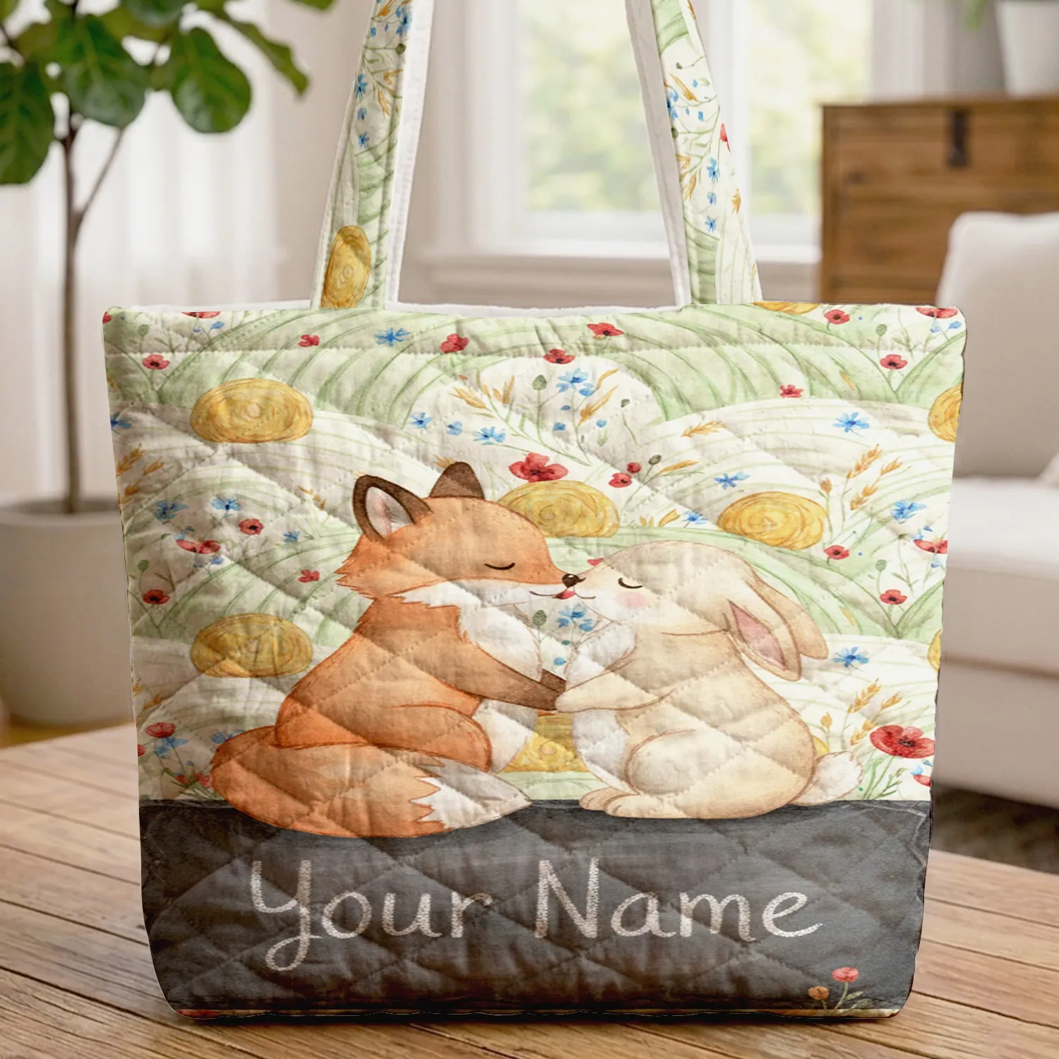 Fox Bunny Wildflower Rolling Fields Name Slate - Wildlife Lover Gift Quilted Tote Bag - 1