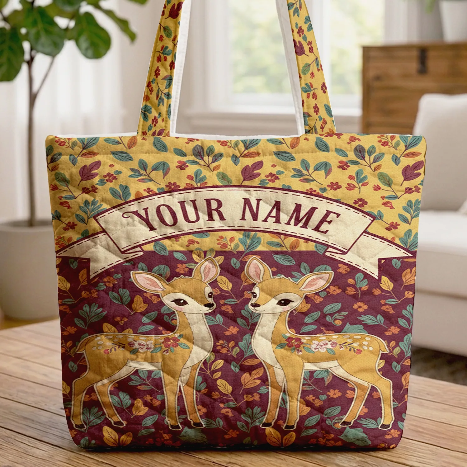 Standing Fawns Floral Leaves Blossoms - Wildlife Lover Everyday Tote Quilted Tote Bag - 1