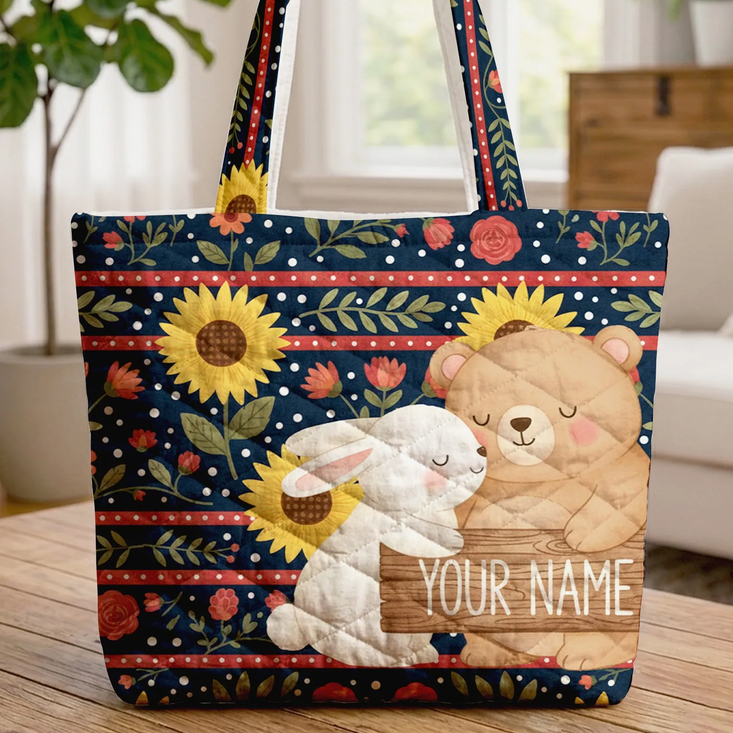 Nuzzling Bear Bunny Sunflowers Name Rustic Sign - Keepsake Gift for Animal Lovers Quilted Tote Bag - 1