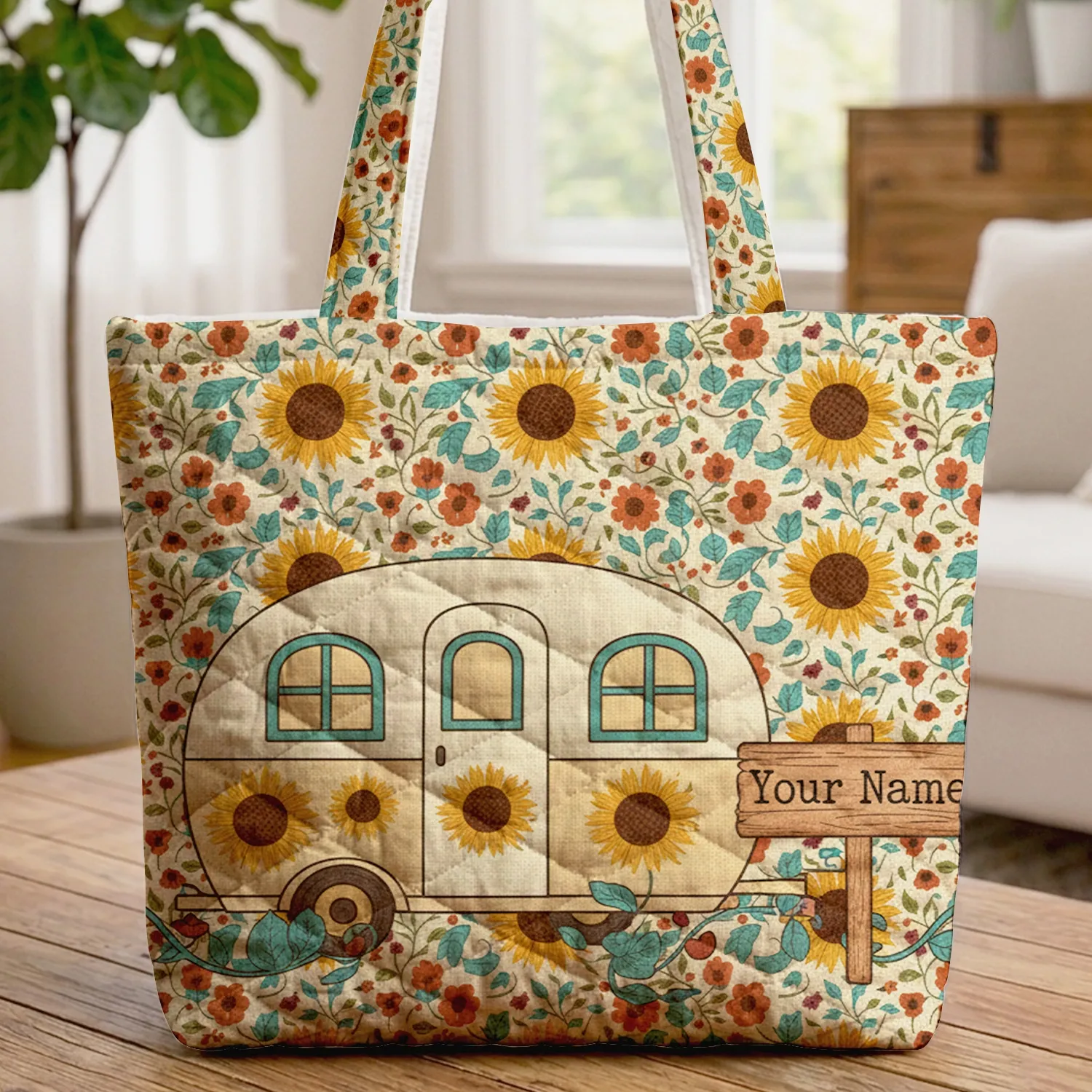 Vintage Camper Sunflowers Wildflowers - Farmhouse Decor Travel Lover Gift Quilted Tote Bag - 1