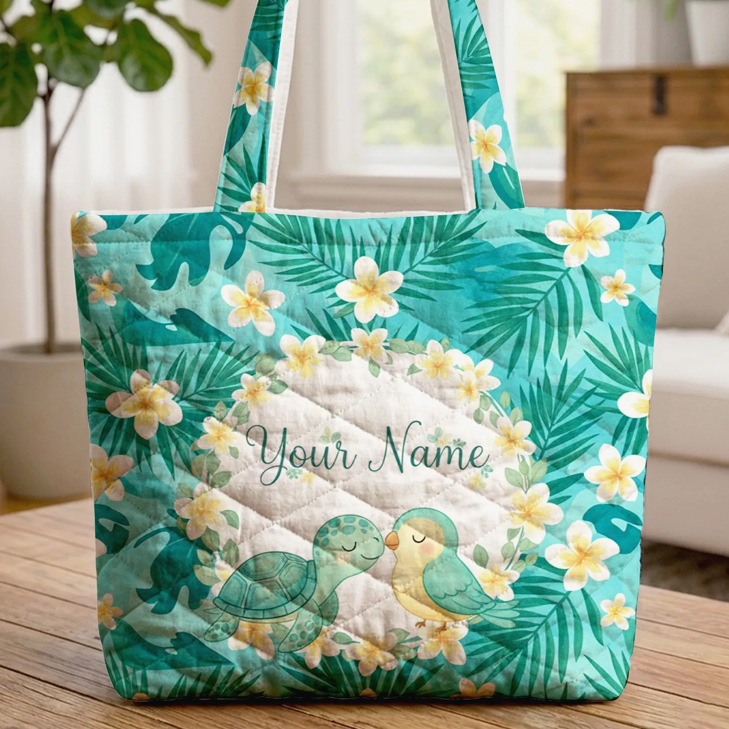 Sea Turtle Tropical Bird Plumeria Floral Wreath - Wildlife Lover Everyday Gift Quilted Tote Bag - 1