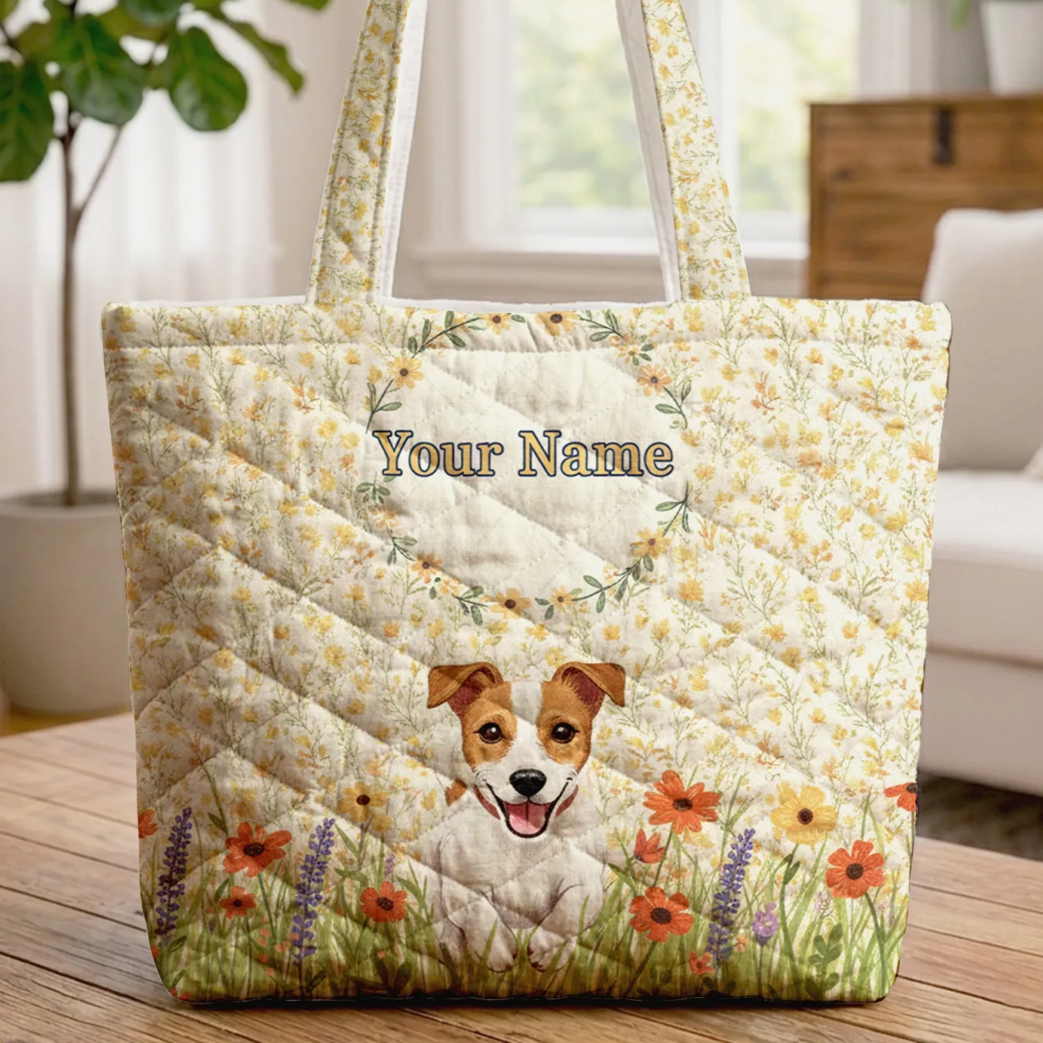 Jack Russell Terrier Dog Wildflower Field Floral Wreath - Dog Lover Gift Everyday Tote Quilted Tote Bag - 1