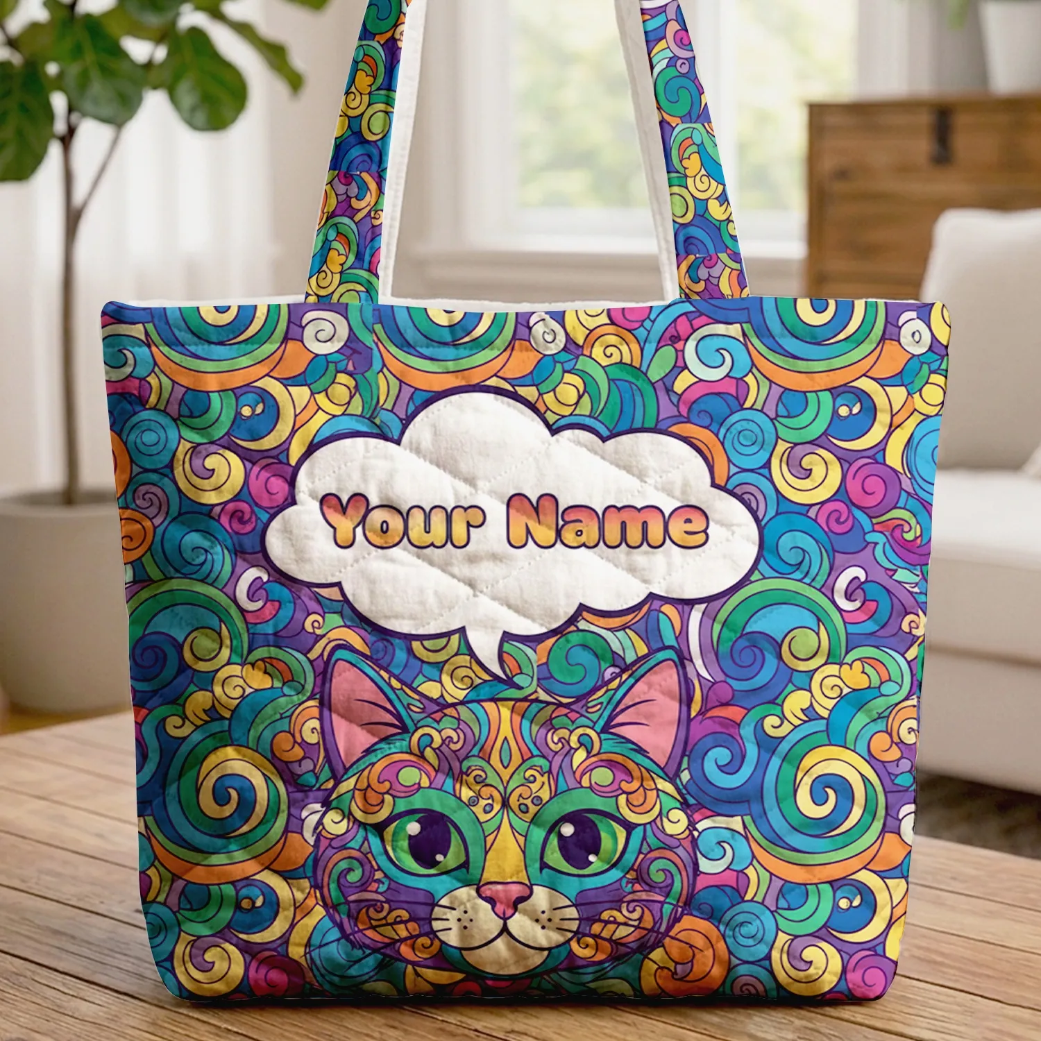 Rainbow Swirl Cat Face Green Eyes Pink Nose Speech Bubble - Everyday Cat Lover Gift Quilted Tote Bag - 1