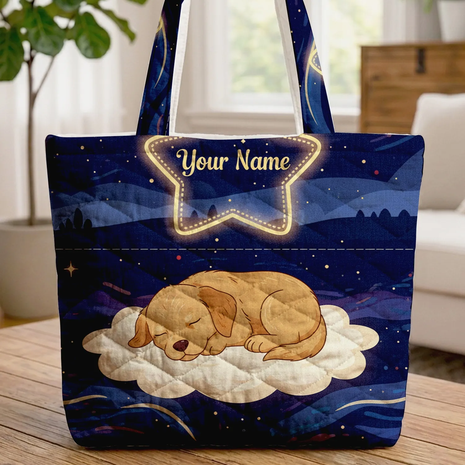 Golden Retriever Puppy Sleeping Starry Night Moon - Name Star Dog Lover Gift Quilted Tote Bag - 1