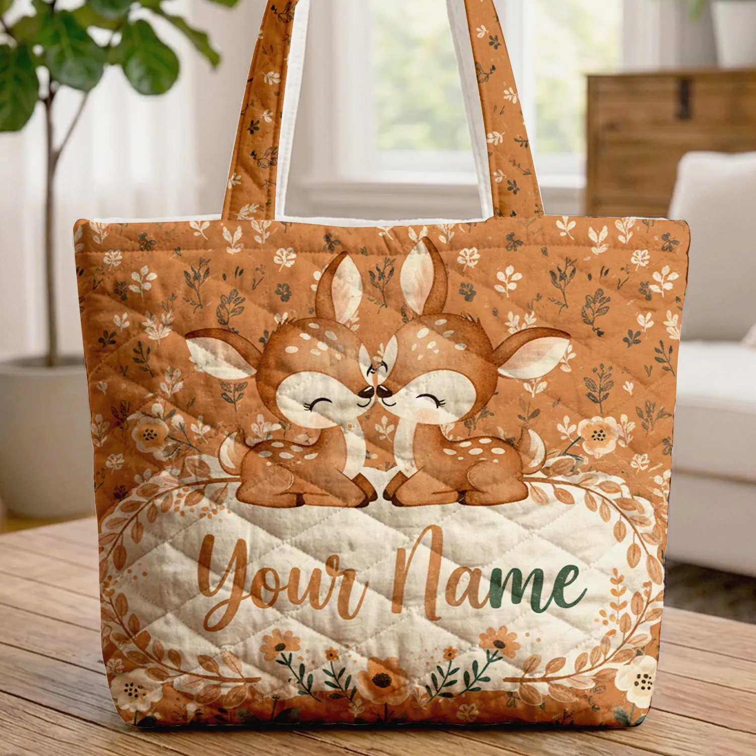 Autumn Fawns Wildflowers Personalized Name Garland - Wildlife Lover Gift Quilted Tote Bag - 1