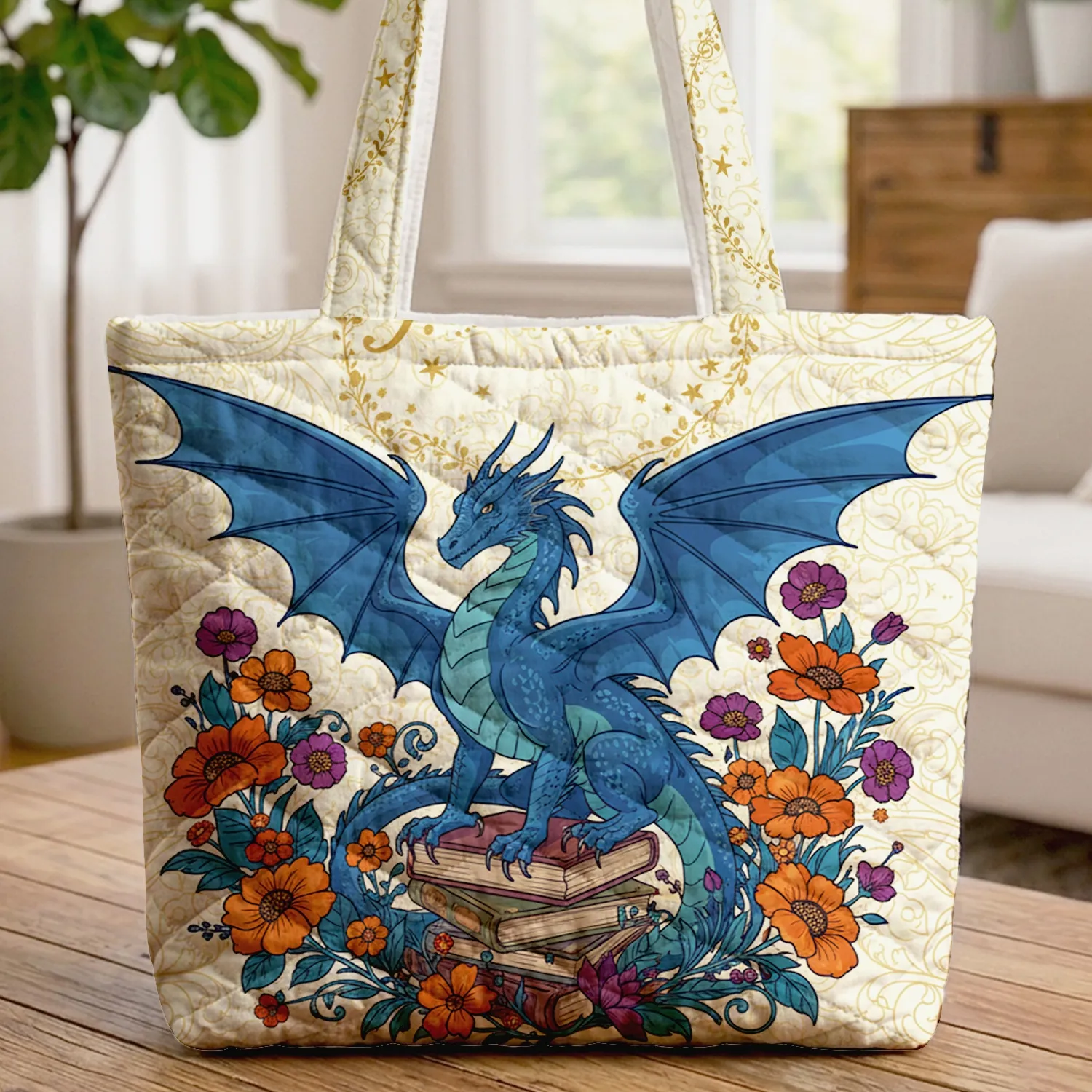 Majestic Dragon on Stack of Books Lush Flowers Tendrils - Dragon Lover Travel Essentials Quilted Tote Bag - 1