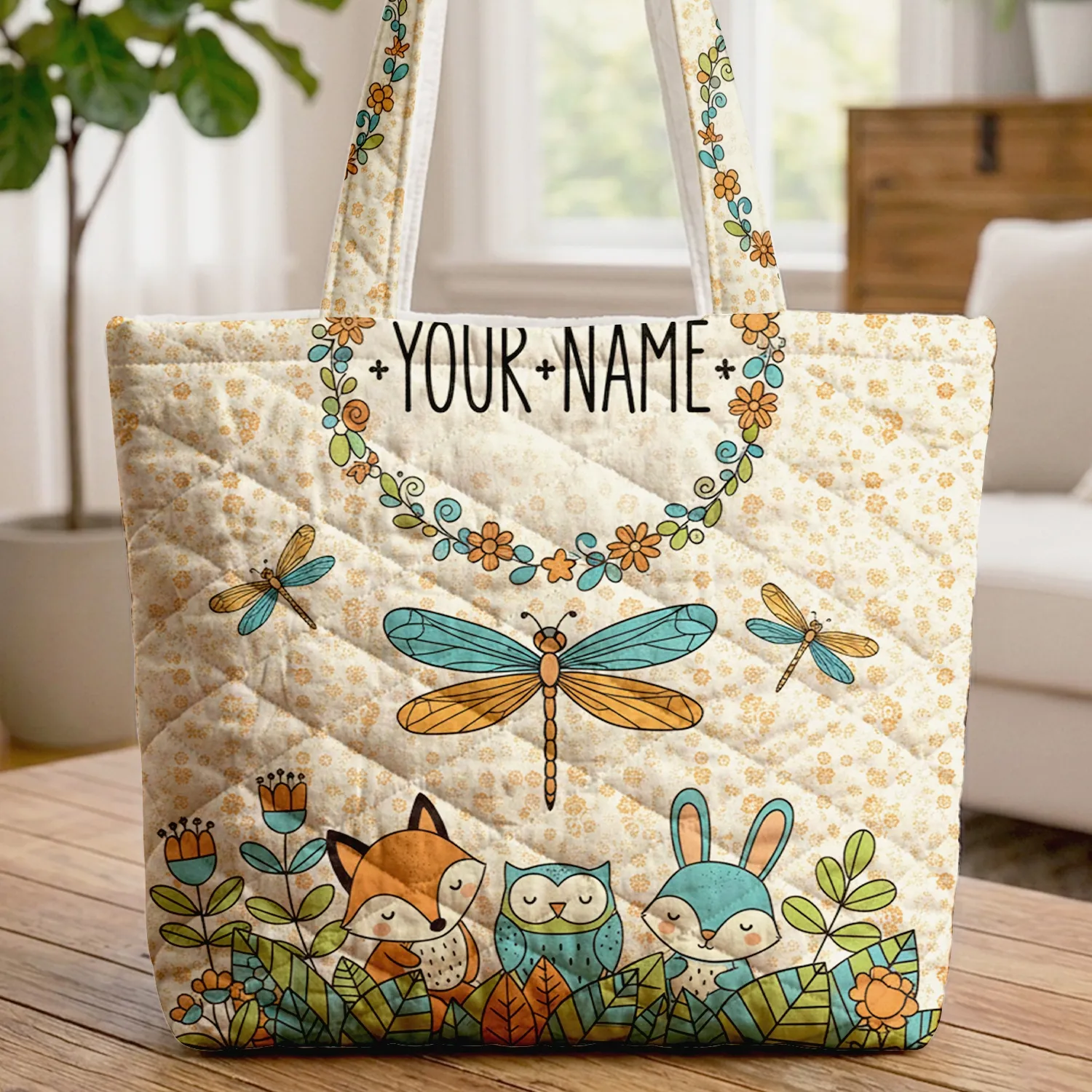 Iridescent Dragonflies Floral Leaf Wreath Name Tiny Stars - Wildlife Lover Everyday Tote Quilted Tote Bag - 1