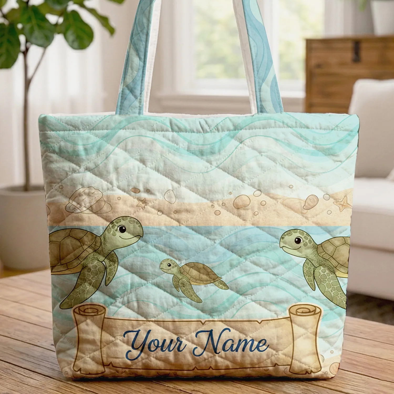 Cute Sea Turtles Ocean Waves Seashells - Personalized Wildlife Lover Gift Quilted Tote Bag - 1
