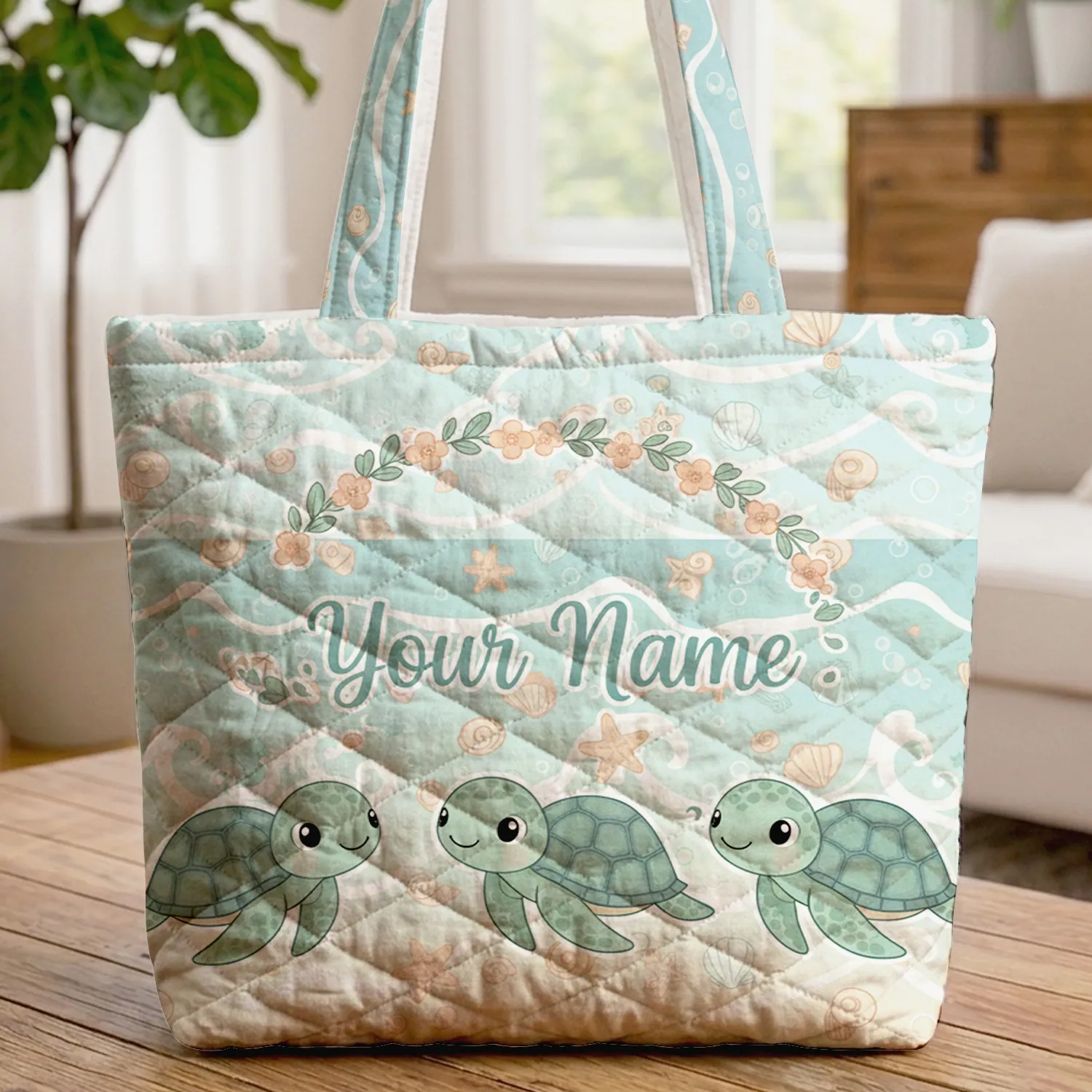 Sea Turtles Ocean Waves Wreath - Personalized Name Beach Day Essentials Quilted Tote Bag - 1