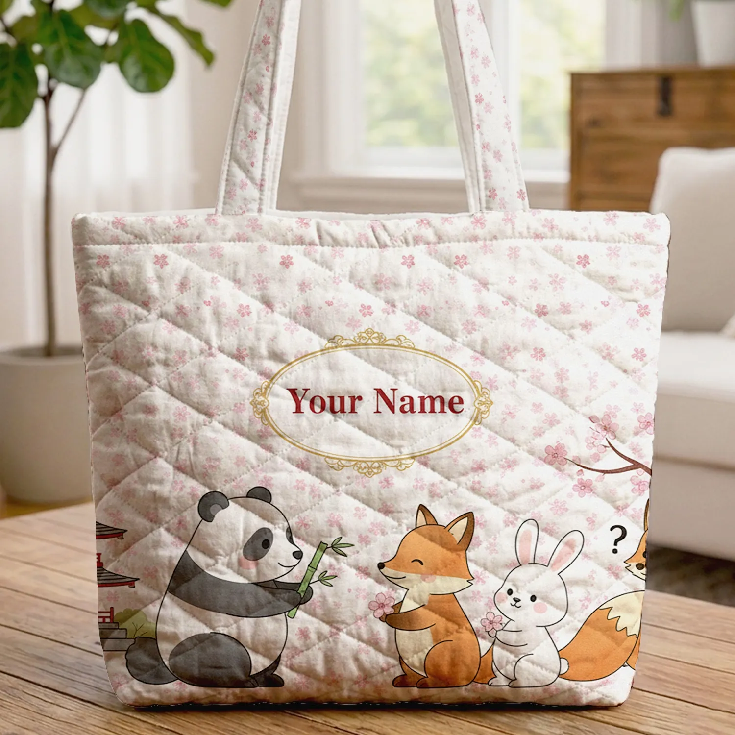 Personalized Panda Fox Bunny Japanese Garden - Cherry Blossom Everyday Carry Quilted Tote Bag - 1