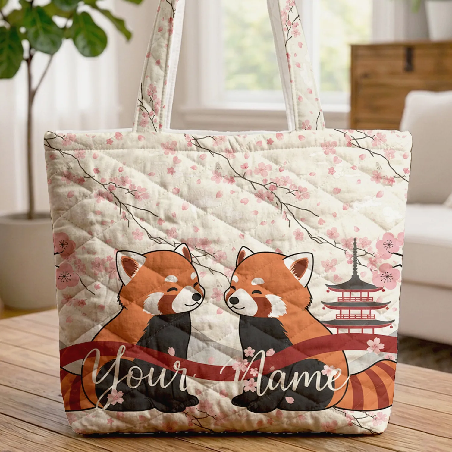 Two Red Pandas Cherry Blossom Branches Pagoda Mountain Peaks - Wildlife Lover Gift Quilted Tote Bag - 1