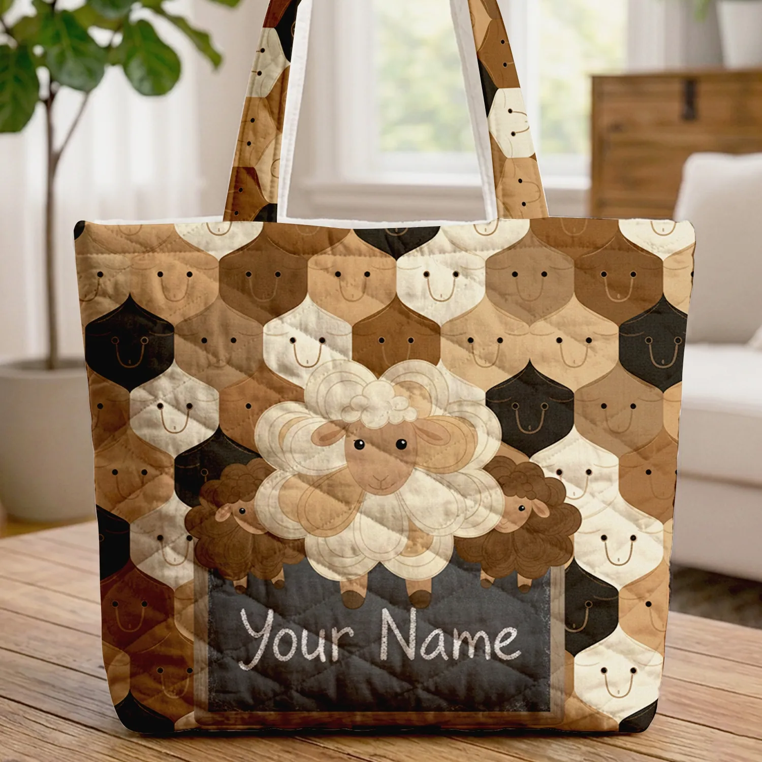 Three Sheep Your Name Slate Panel - Farmhouse Decor Gift for Sheep Lovers Quilted Tote Bag - 1