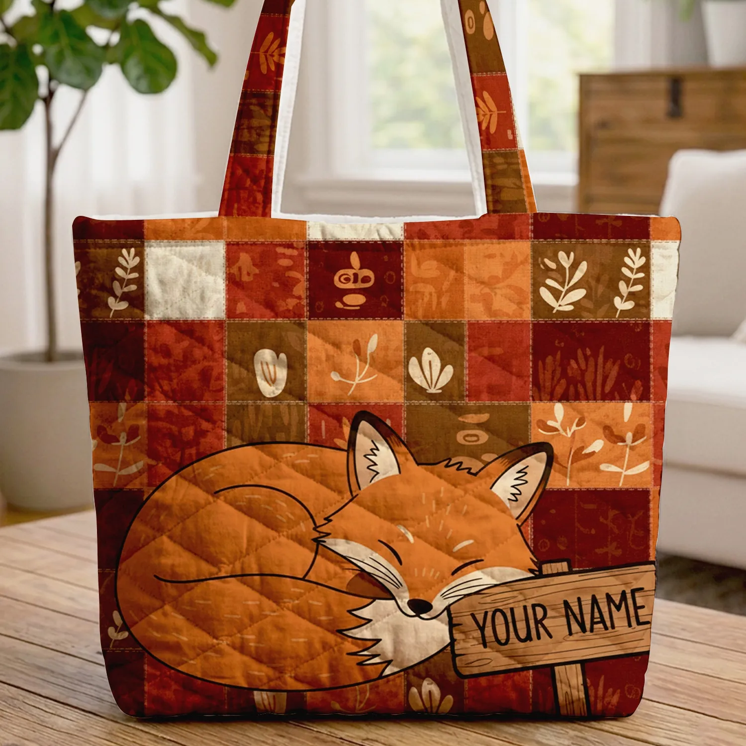 Curled Up Sleeping Fox Personalized Name - Wildlife Lover Home Decor Gift for Fox Lover Quilted Tote Bag - 1