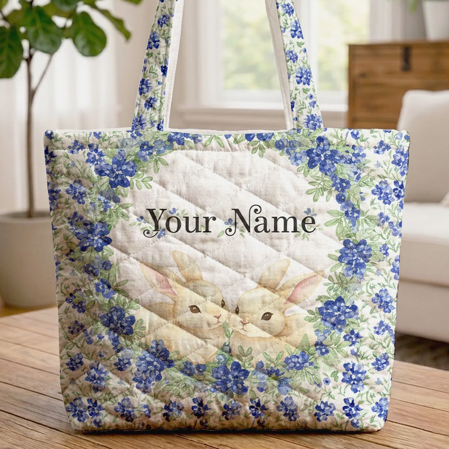 Nestled Baby Bunnies Bluebonnet Green Leaves Floral Wreath - Wildlife Lover Everyday Tote Quilted Tote Bag - 1