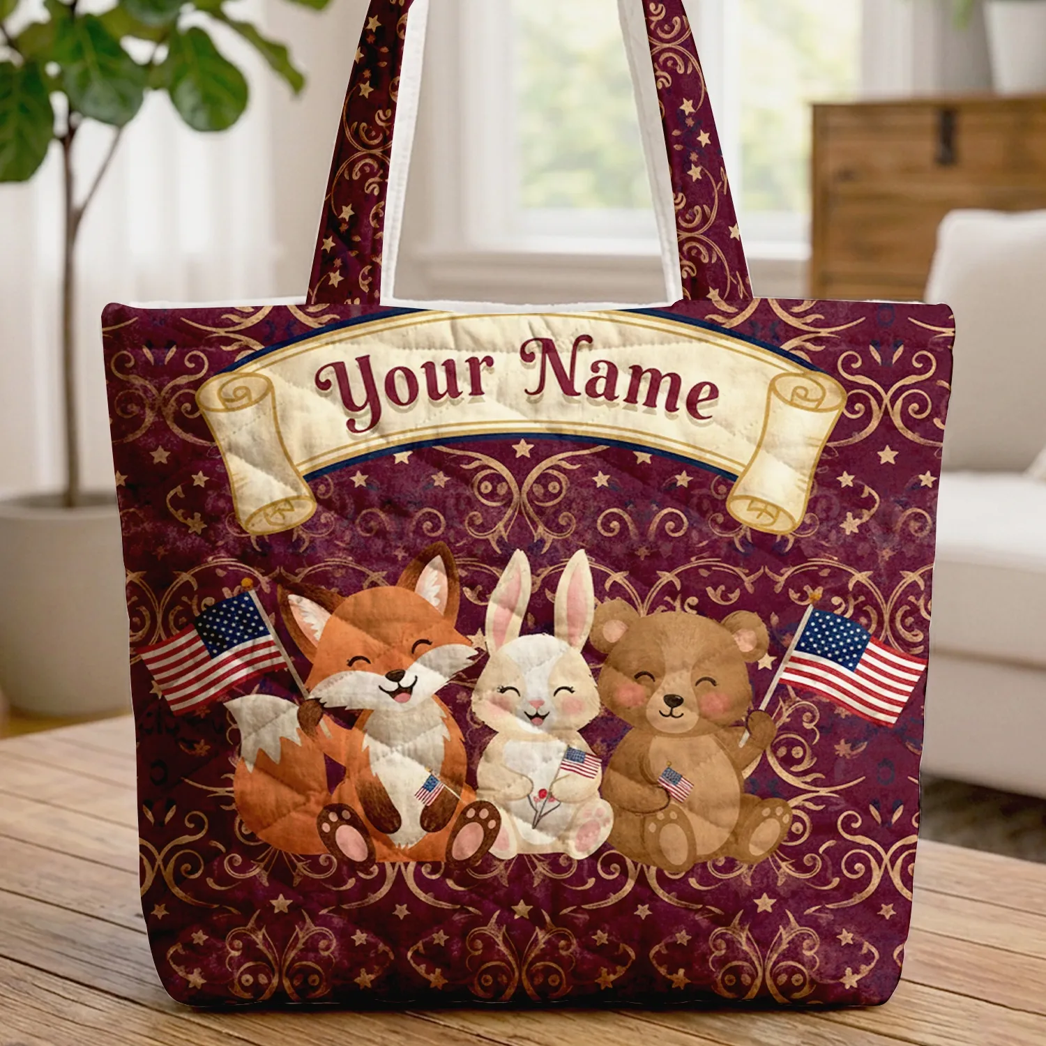 Fox Bunny Bear American Flags Your Name Scroll Banner Patriotic Independence Day Gift Quilted Tote Bag - 1