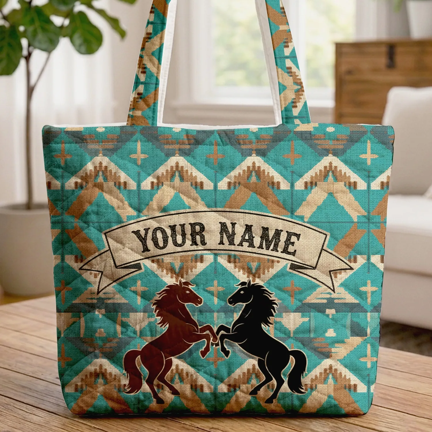 Rearing Horses Turquoise Teal Earthy Southwestern Western Country Lifestyle Horse Lover Gift Quilted Tote Bag - 1