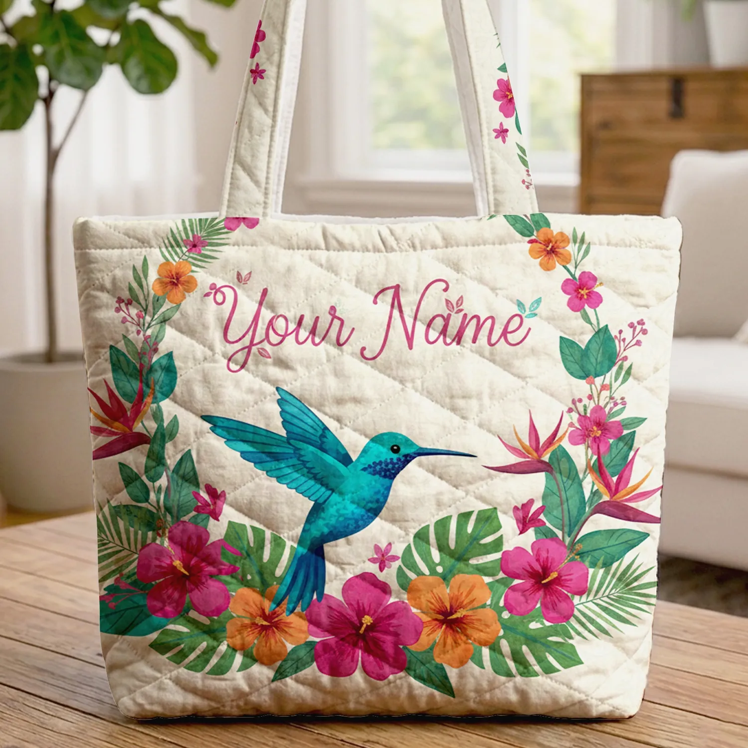 Hummingbird Teal Blue Plumage Tropical Fuchsia Flowers - Nature Lover Everyday Tote Gift Quilted Tote Bag - 1