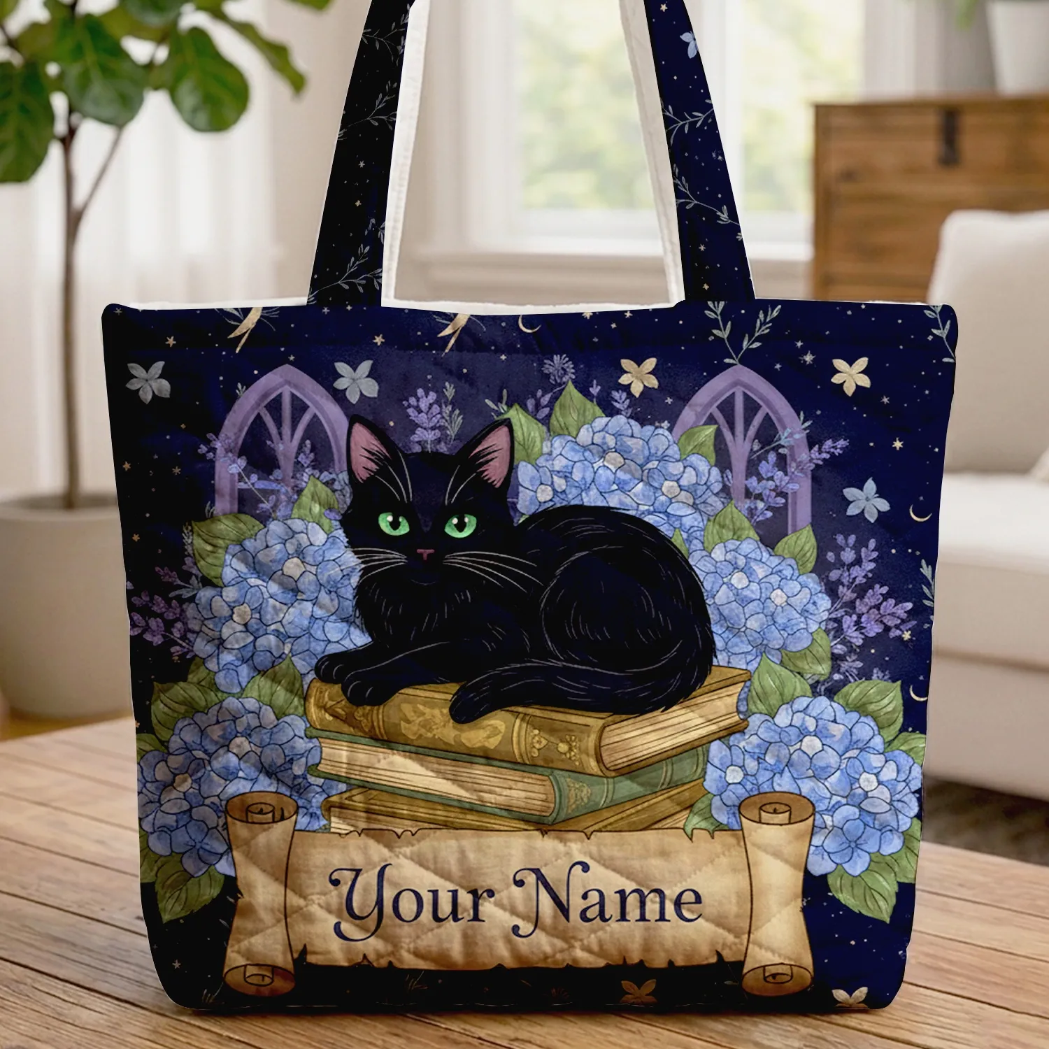 Celestial Night Black Cat Books Lavender - Cat Lover Gift Everyday Tote Quilted Tote Bag - 1