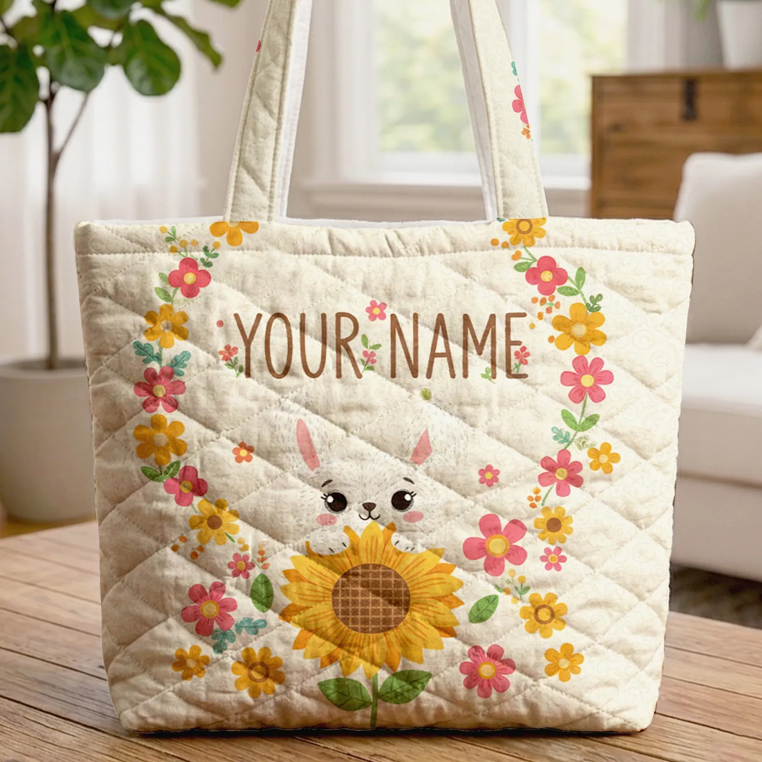 Fluffy Bunny Sunflower Pink Orange Flowers Floral Wreath - Everyday Tote Spring Summer Gift Quilted Tote Bag - 1