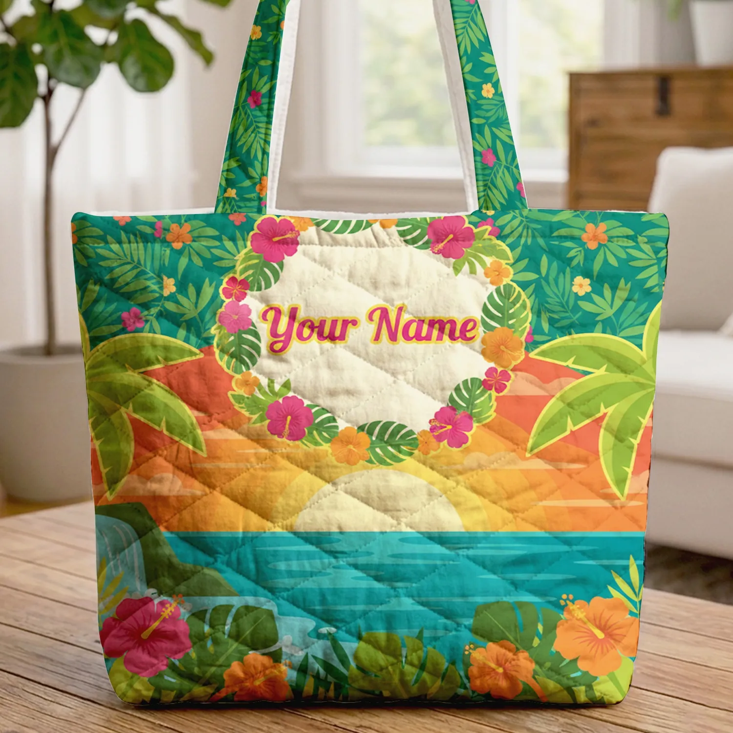 Personalized Name Floral Wreath Tropical Palm Trees Sunset Ocean - Summer Vacation Gift Quilted Tote Bag - 1