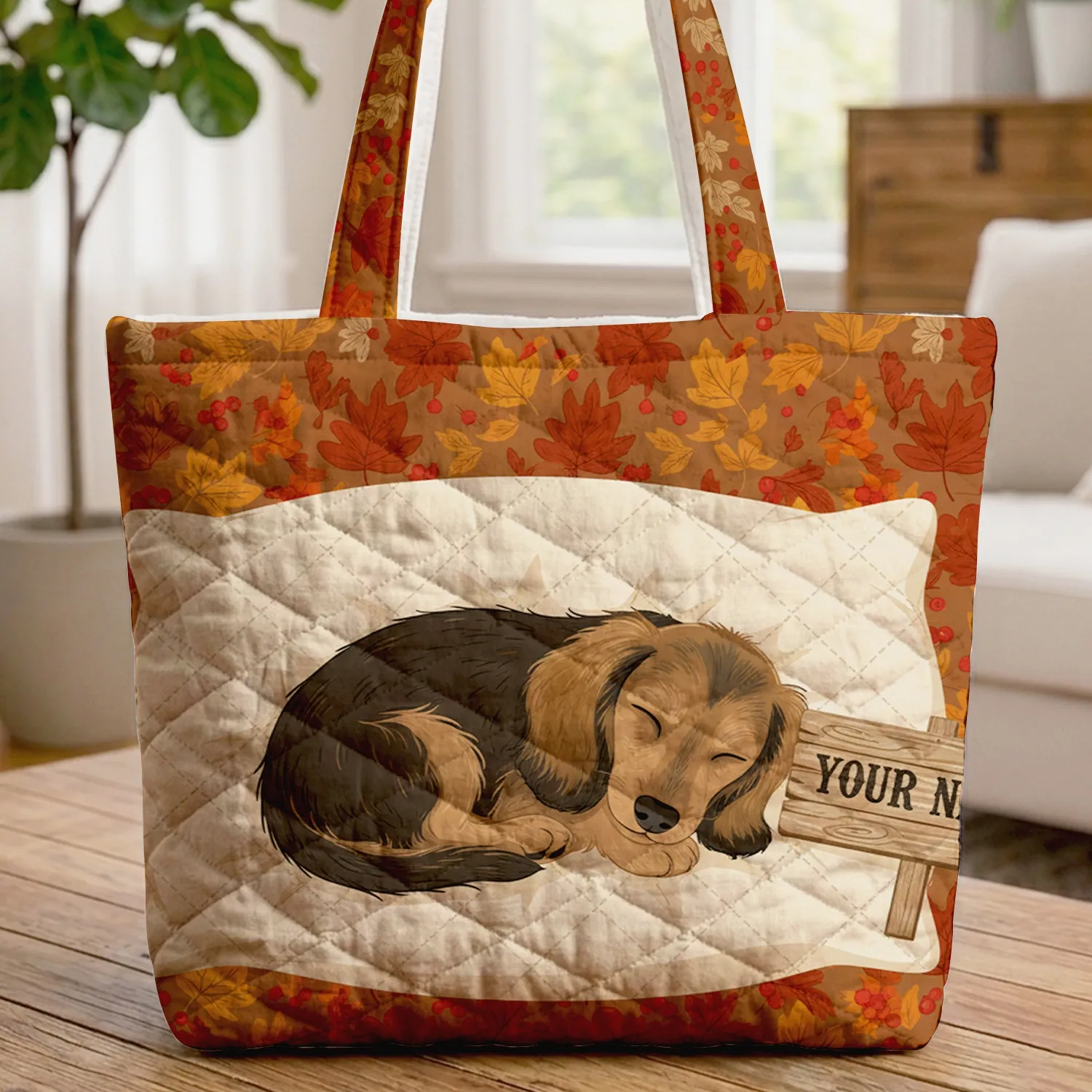 Sleeping Dachshund Puppy Name Sign Autumn Leaves - Dog Lover Fall Decor Gift Quilted Tote Bag - 1