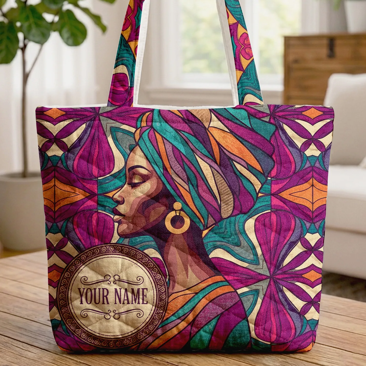 Elaborate Headwrap Woman Profile Squares Triangles Curves - Everyday Tote Gift Quilted Tote Bag - 1