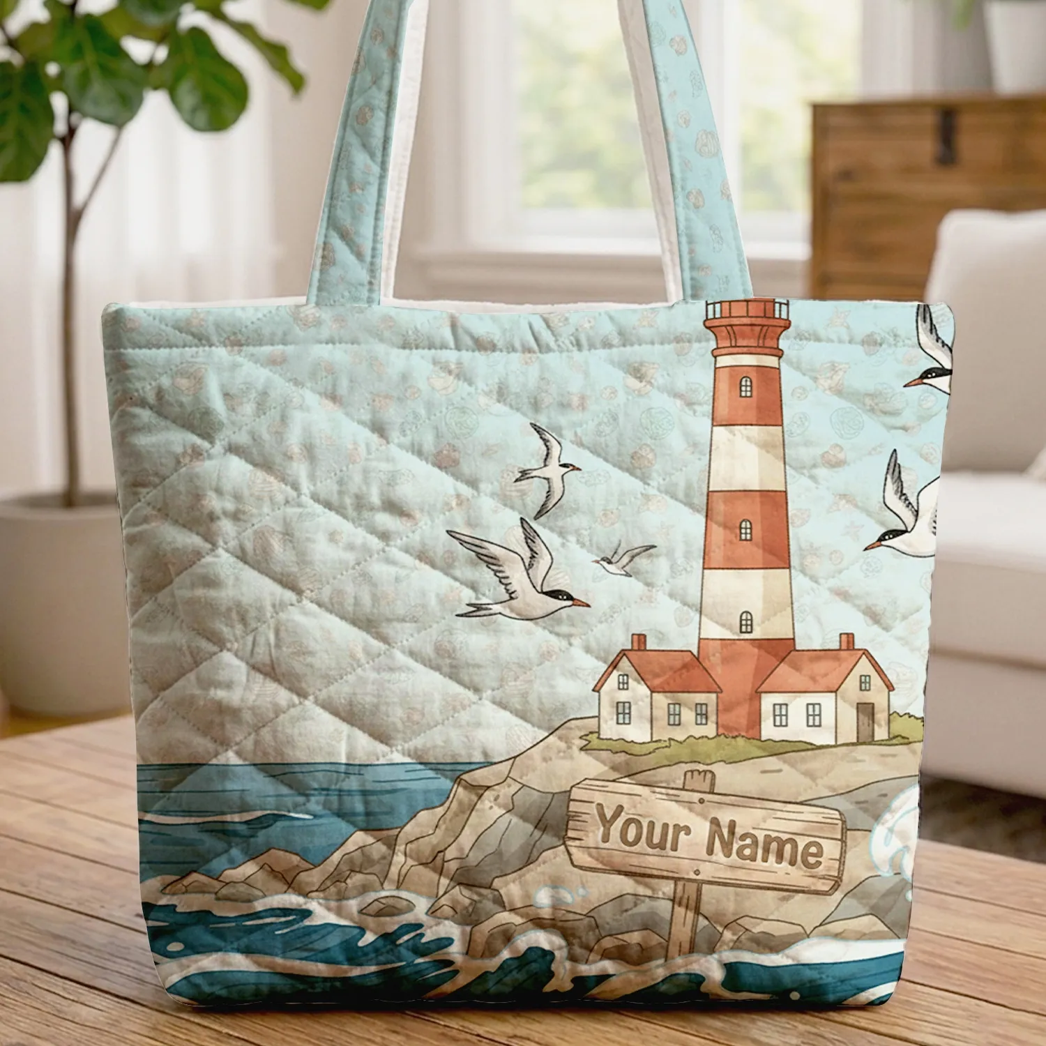 Personalized Lighthouse Cottages Ocean Terns Seashells - Coastal Home Decor Gift Quilted Tote Bag - 1